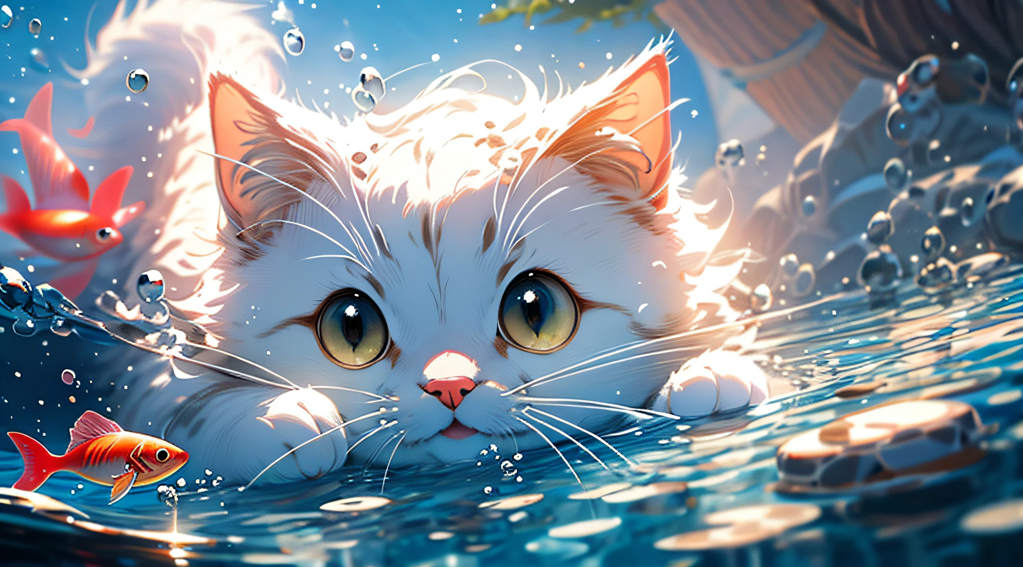 There is a cat that is swimming in the water with its mouth open, ADorable pintura Digital, expressing joy. por Krenz Cushart, liquid cat, LinDo arte Digital DetallaDo, Ross Tran 8 K, Ross Tran y Studio Ghibli, Ross Tran y Wlop, Un gato nadando en el agua, WLOP y ROSS Tran, Estilo Ross Tran, por Ross Tran