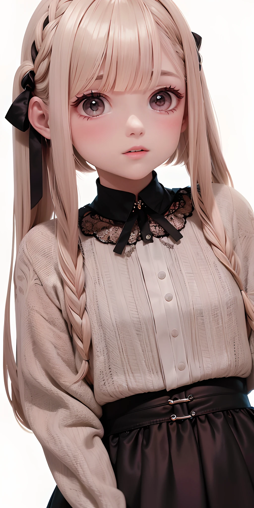 mejor calidad, obra maestra, 1 chica hermosa con cabello corto blanco ((recogido)) 2 trenzas hacia atras, ojos cerrados, vestido corto rosa con mangas bombacha, parte superior del cuerpo, hair strand, piel clara,