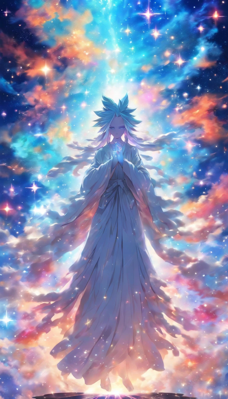A mysterious figure in a white robe stands in the center of the world, Surrounded by countless stars and cosmic nebulae, reaching out her hands,It was as if the whole world was created and shaped, ,in the style of the stars art group xing xing, 32K, Best quality, Masterpiece, Super detail, High details,