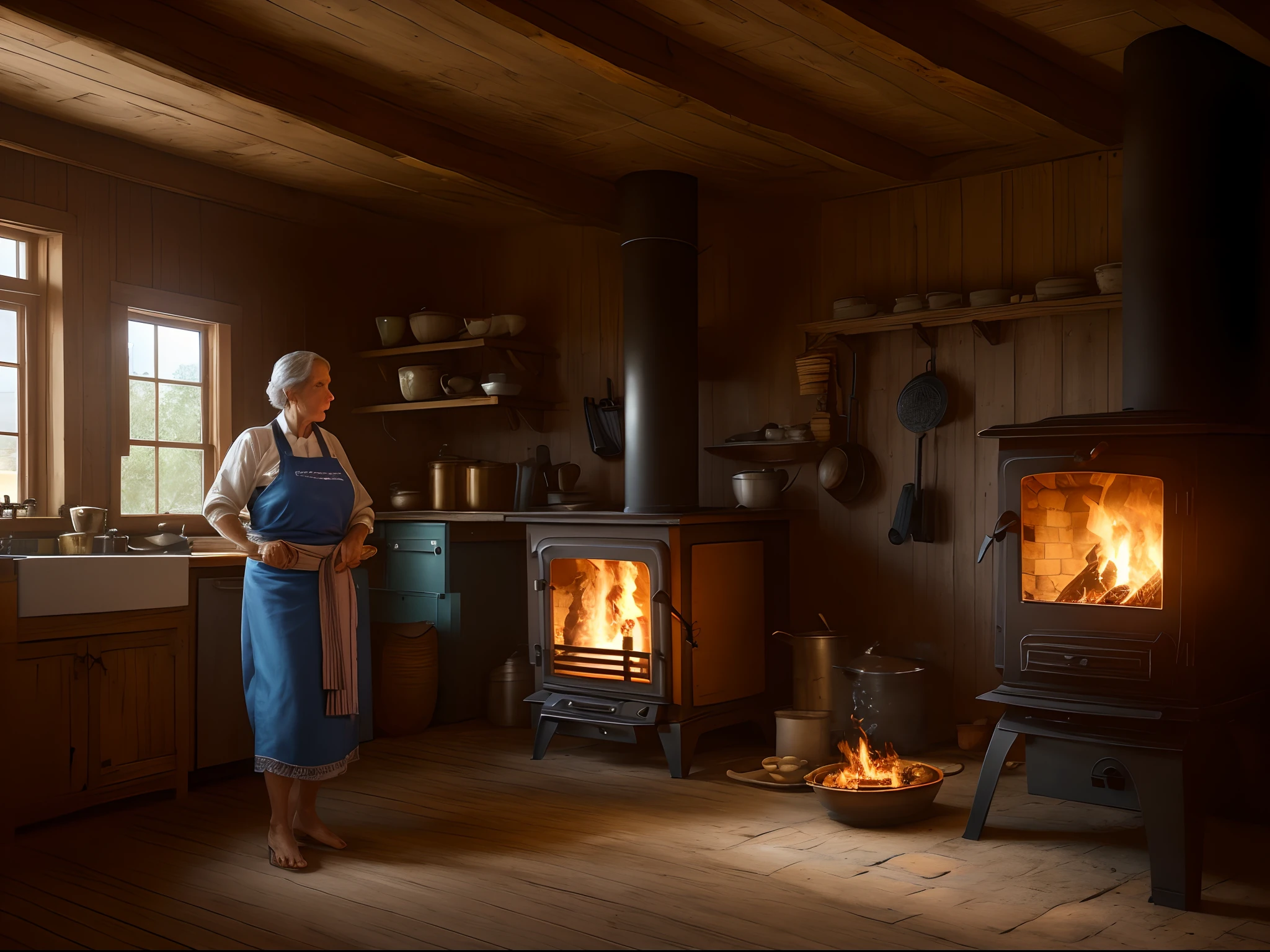 full-length middle-aged woman with hyper-realistic flip-flop feet with wrinkled skin texture, in northeastern Brazilian peasant attire, making food in bronze pot on waist-high wood stove in a rustic rural kitchen in dramatic lighting with smoky bluish rays of light entering through the cracks in the kitchen roof in high photographic resolution