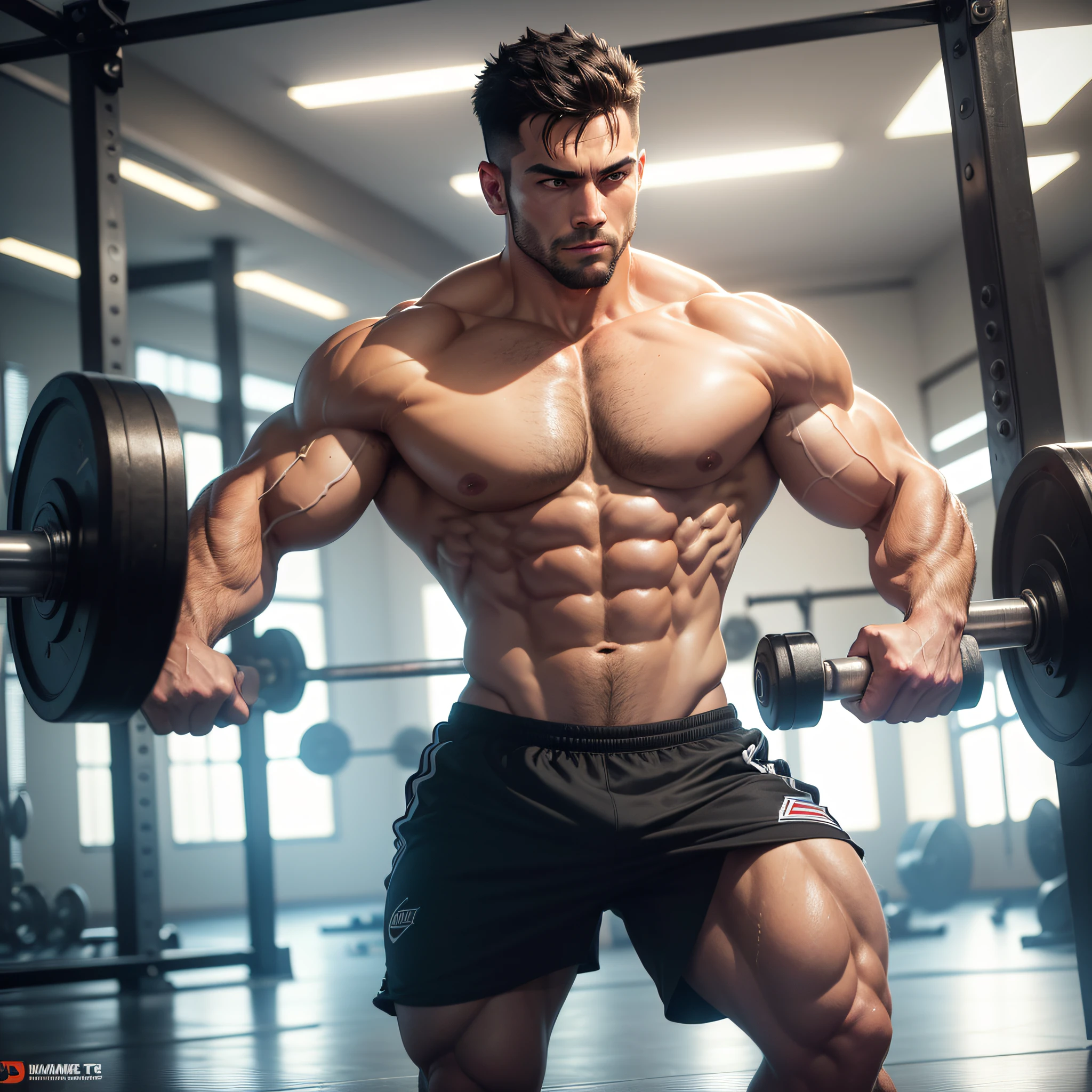 (best quality, ultra-detailed, realistic:1.37), HDR, strong man, gym, white shirt, black shorts, exercising, intense workout, muscular physique, sweat, determination, fitness, weightlifting, cardio, focus, dedication, gym equipment, weights, barbells, dumbbells, bench press, squat rack, gym mirrors, fitness goals, ripped body, high energy, dynamic poses, athletic build, fitness motivation, gym atmosphere, vibrant colors, sharp focus, gym floor, fitness journey, healthy lifestyle, gym session, physical strength, endurance, explosive movements, professional gym setting, fitness inspiration.