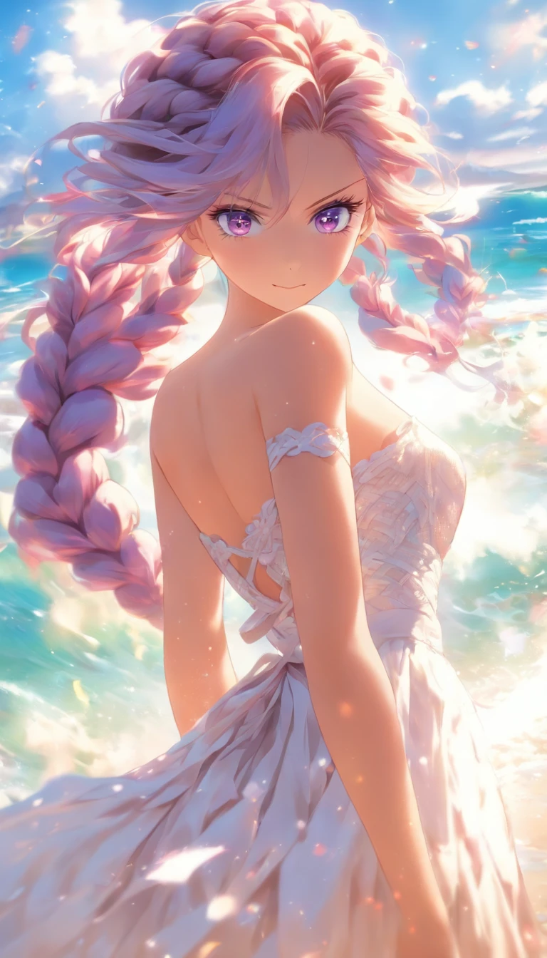 1girll,A high resolution,  High quality,  Masterpiece, mxmkWhiteDress,  bare shoulders​, Purple eyes, White dress, Braid, impact, beach