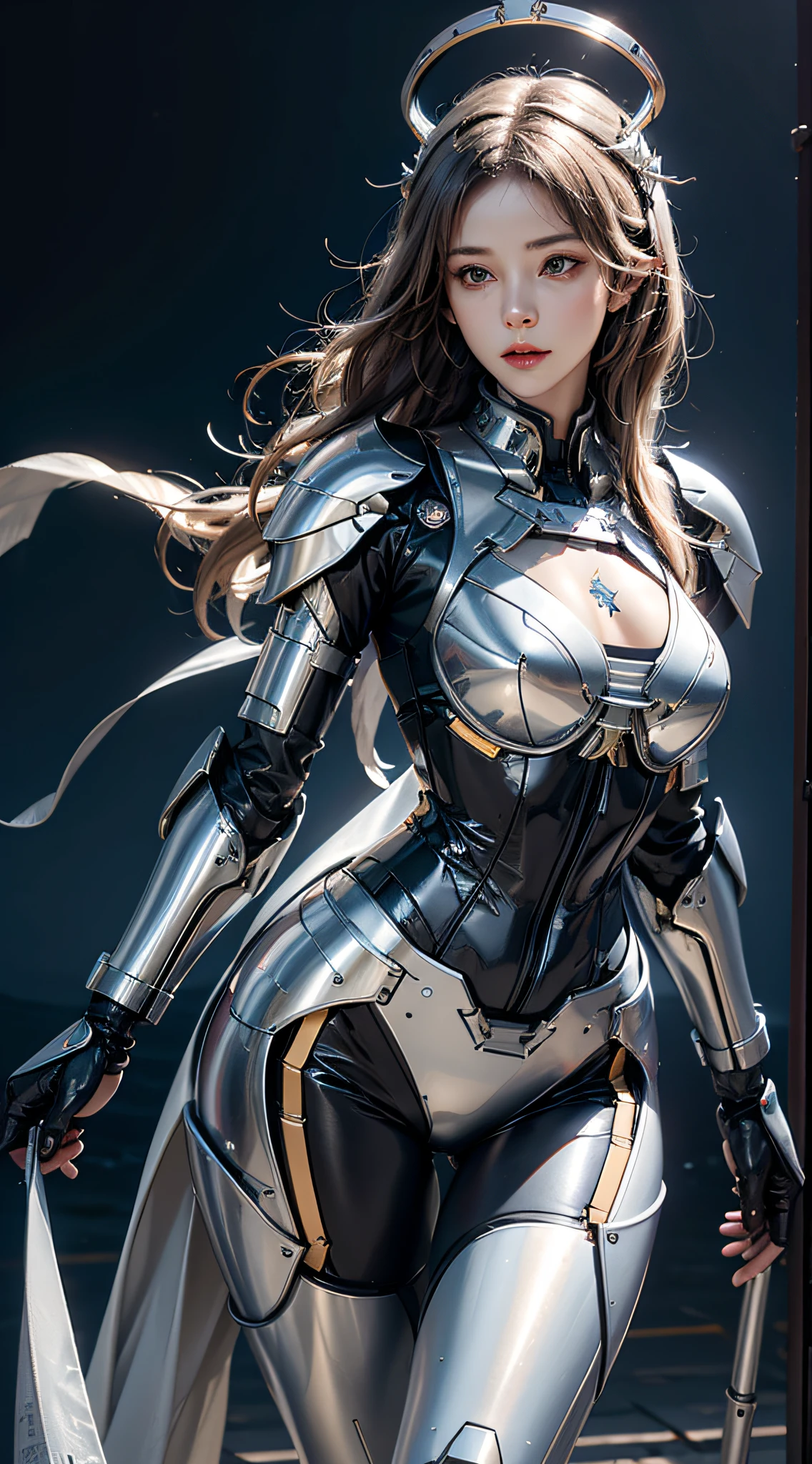 photorealistic, high resolution, 1women, mature female, solo, hips up, robot, mecha musume,mechanical parts, robot joints,single mechanical arm, headgear, mechanical halo,star halo,intricate mechanical bodysuit, mecha corset, full armor, white mecha body