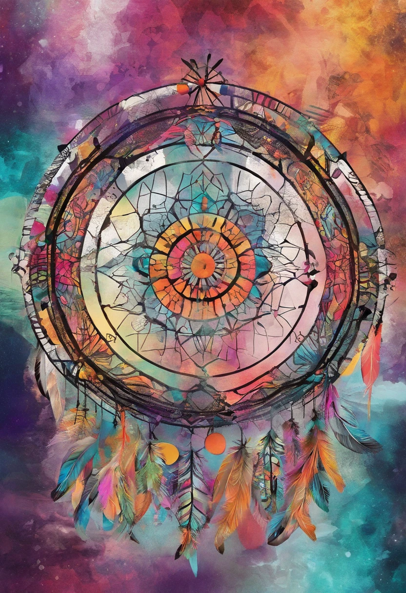 (letra "M" in the circle of colorful dream catchers),"Design de camiseta com silhueta circular, crescente, e estrelas no
