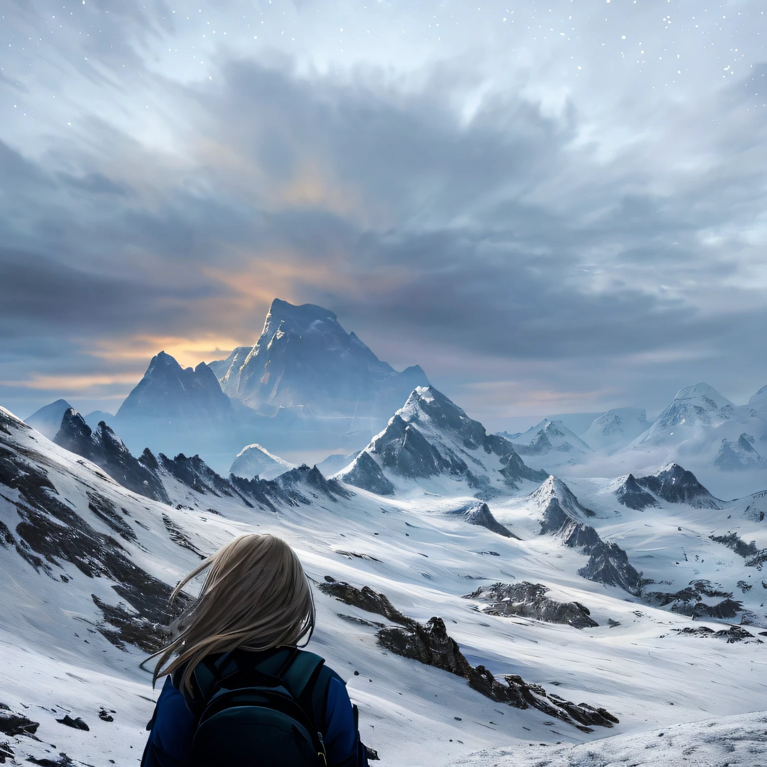 Masterpiece, Best quality, 1girll, Solo, From behind, Backpack,A tour of the vast landscape, Beautiful detailed hair,winter clothes, Sunset, atarctive, Look out over the snow-capped mountains, Warm lighting,starrysky, Hyperrealistic, Detailed background, Depth of field, rim lit, Specular highlights, full bloom, Atmospheric lighting,Epic, cinematic ligh