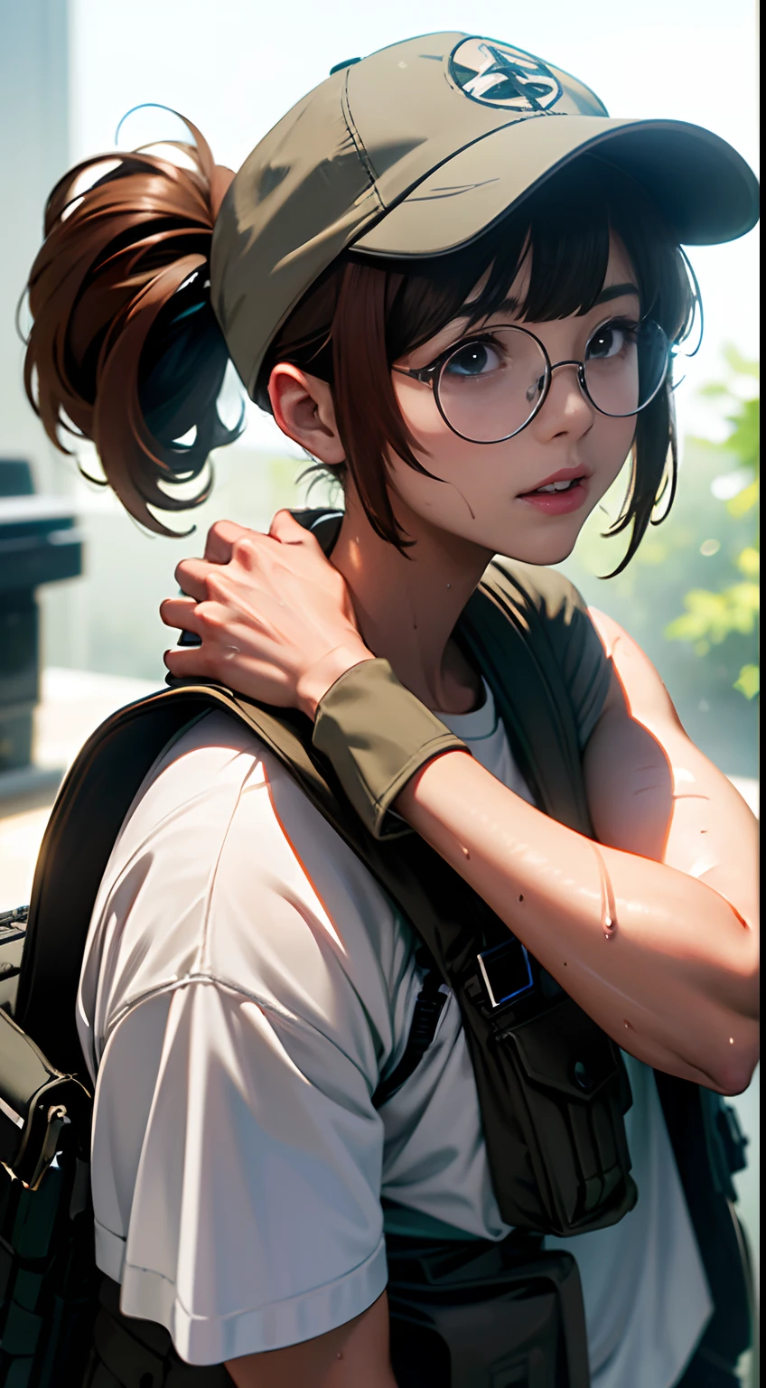 (Cinematic Digital Artwork: 1.3), High quality, masutepiece, of the highest quality, Super Detail, Illustration, [4K Digital Art]、(Moody lighting:1.2), depth of fields, Bokeh, 4K, nffsw. by Masterpiece, Best Quality, Lean-cheeked, Seductive face、 Realistic pores of the body, (The eyes are blue-gray: 0.8), soft volumetric lights, (Backlighting: 1.3), (Cinematic: 1.3), Intricate details, (art  stations: 1.3), portlate,(Skin glowing with reflection:1.1)、(((wet​)))、Black light illumination、Photon mapping、physically-based renderingt、Woman with round glasses, Light brown hair and ponytail hairstyle, Brown eyes, Please wear a khaki cap and khaki bulletproof vest, T-shirt with closed zipper, White shirt and khaki half cargo pants, backpack, Stand and relax、jungles、Bazooker in one hand、Fio Germi (Metal Slug)