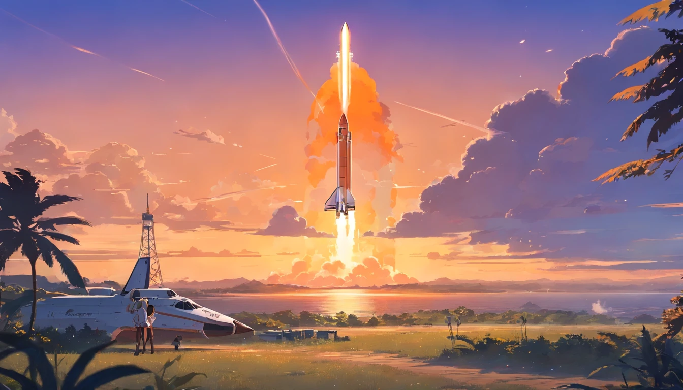 a smoking orange white space shuttle landing on a planet at sunset near a tavern