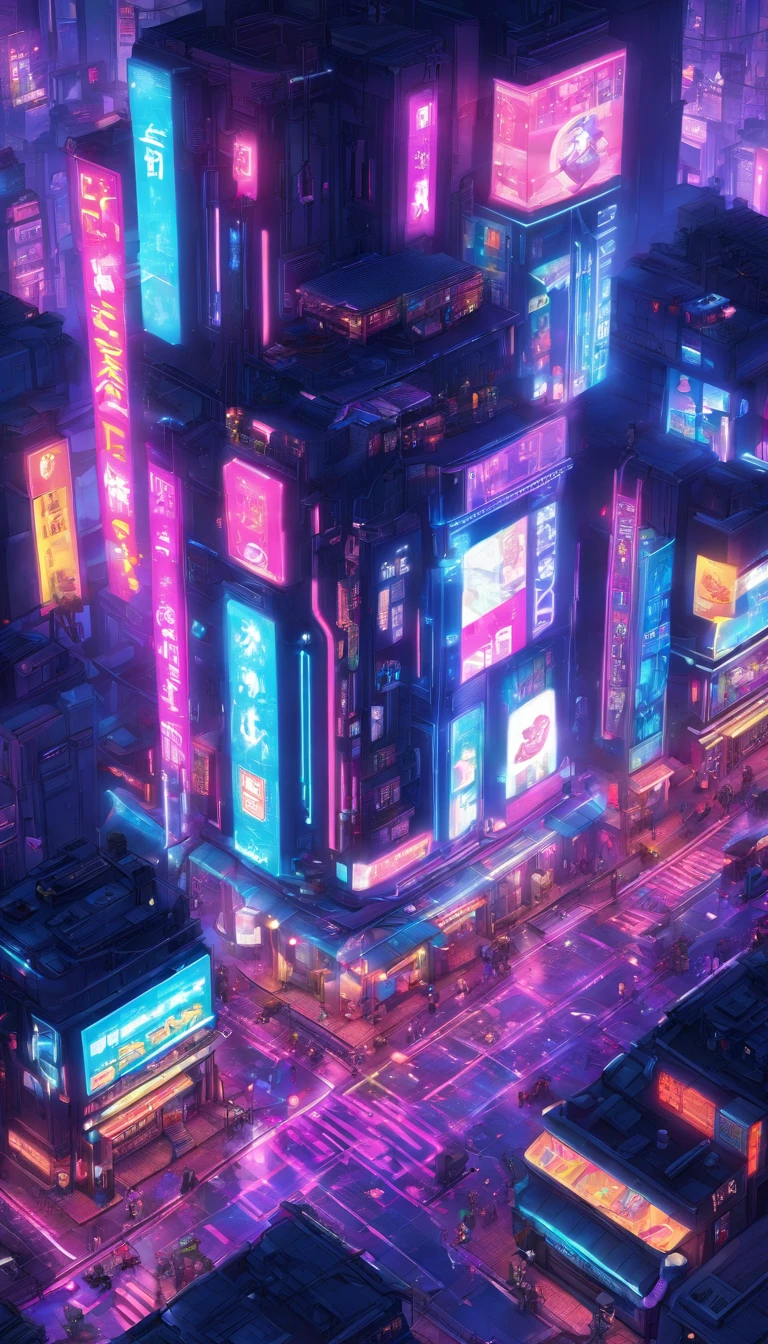 ((Top view: 1.3, Cyberpunk: 1.2, street: 1.1), 2D game style, Pixel art style, Transparency, Powerful colors, Advertising lights, Roads and cars are lively, Unique charm! )