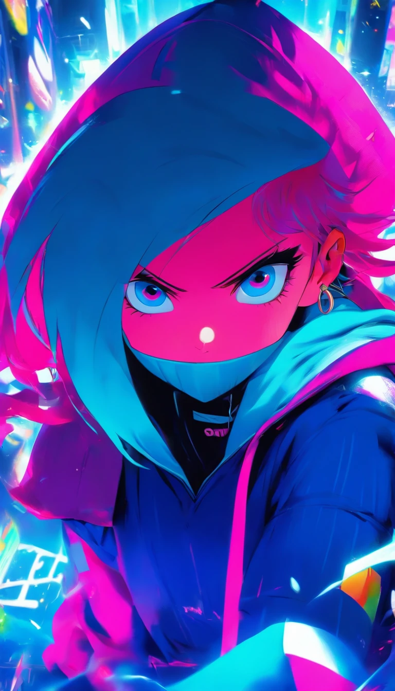 mika pikazo, 1girll, Blue eyes, Blue hoodie, Computer, Earrings, Hood, Hoodie, jewelry, keyboard (Computer), logo, Logo imitation, mouse (Computer), Multicolored eyes, Pink hair, recycle bin, Solo, White background, Yellow eyes, ,