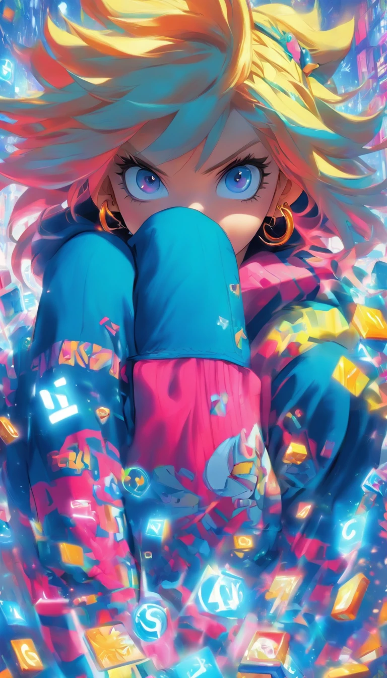 mika pikazo, 1girll, Blue eyes, Blue hoodie, Computer, Earrings, Hood, Hoodie, jewelry, keyboard (Computer), logo, Logo imitation, mouse (Computer), Multicolored eyes, Pink hair, recycle bin, Solo, White background, Yellow eyes, ,