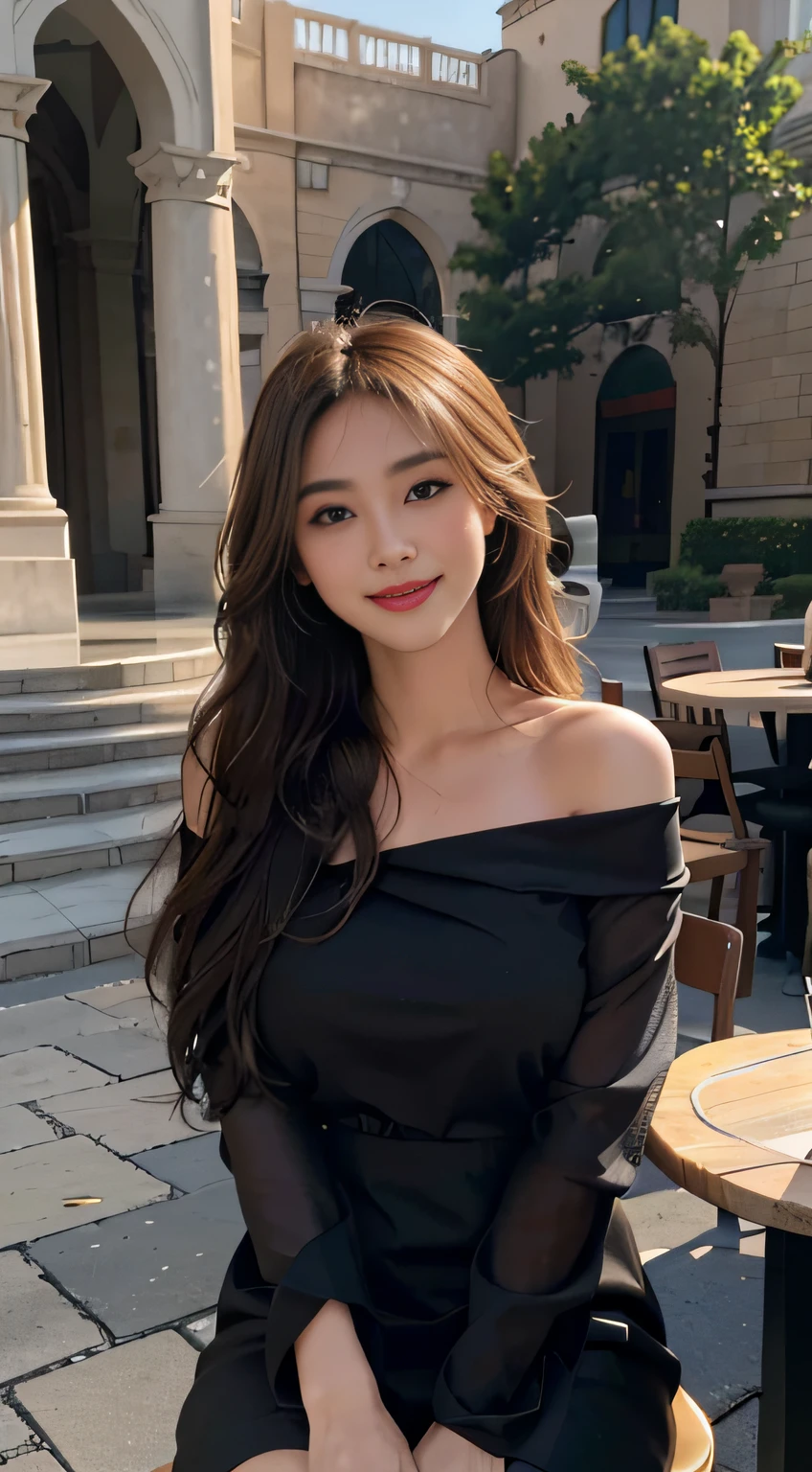 (8K, Raw foto, Best Quality, Masterpiece:1.2), (realisitic, Realistis:1.37), Ultra-detailed, 1 Girl,The large, Solo,Beautiful detailed sky,dated,(nose blush),(Smile:1.1),(closed mouth),(Huge valley box:2.0), seductive smile smugly, movie light, Sony A7R4, Jesse 50mm f1.8,Beautiful detailed eyes,(Black sexy dress:1.1),(Blonde-haired Karak:1),Raised head, floating hair, Outdoor open-air café table, In front of the outdoor fountain