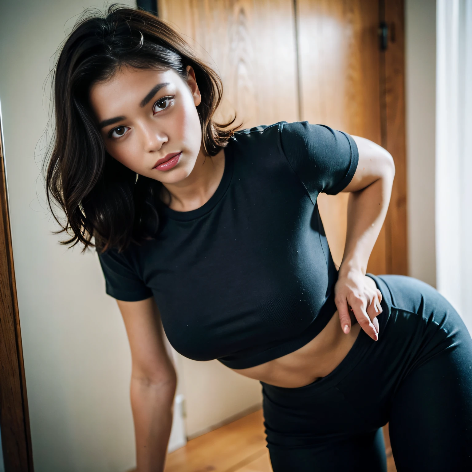 full body of 25yo woman, brown hair, wearing leggings, tight dark blue t-shirt, perfect eyebrow, perfect lips, perfect nose, professional color graded, wonderful woman, cute Russian woman, sharp focus, short curly hair, mirror photo, natural skin sharp features,model,full body image,looking in camera, natural skin sharp feature