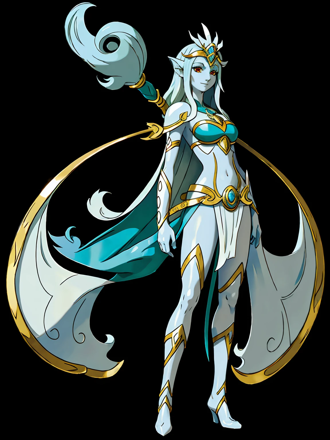 arafed image of a female character with a sword and a cape, skinny female fantasy alchemist, fey, complex fantasy character, cory chase as an atlantean, silvery skinned male elf, sexy pudica pose gesture, lady palutena, sfw version, pixiv contest winner, fantasy character, blue-skinned elf, fus rei, palutena, smile, red eyes, full body, blue hair