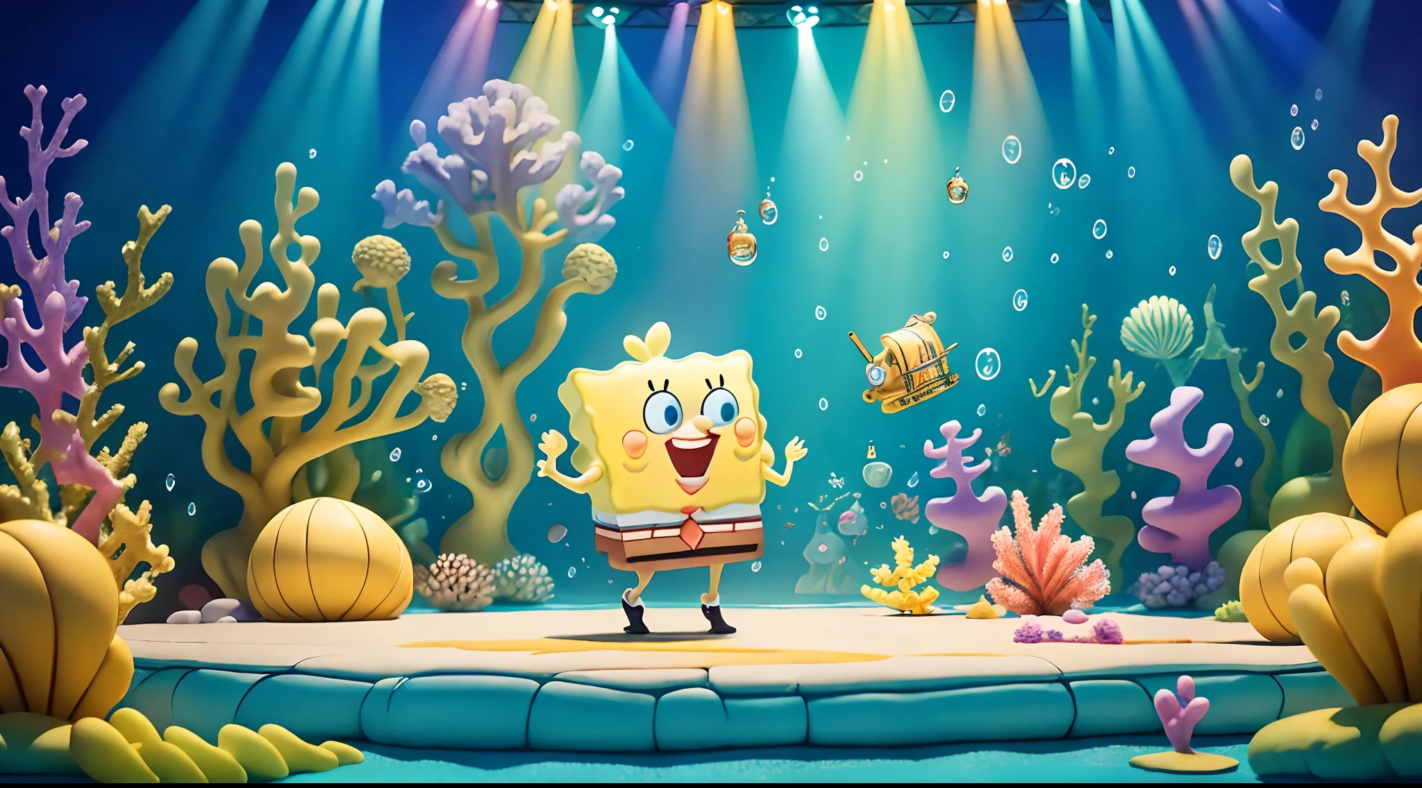 A spectacular production of "SpongeBob: The Musical" on a vibrant stage. SpongeBob and friends come to life with dazzling costumes and set design, mirroring the whimsical world of Bikini Bottom. The musical's dynamic choreography, inspired by Stephen Hillenburg's beloved characters, is a joyous spectacle. The stage is awash in colorful lighting, capturing the essence of the underwater world. With catchy tunes and a heartwarming story, this musical is a delightful journey to Bikini Bottom.