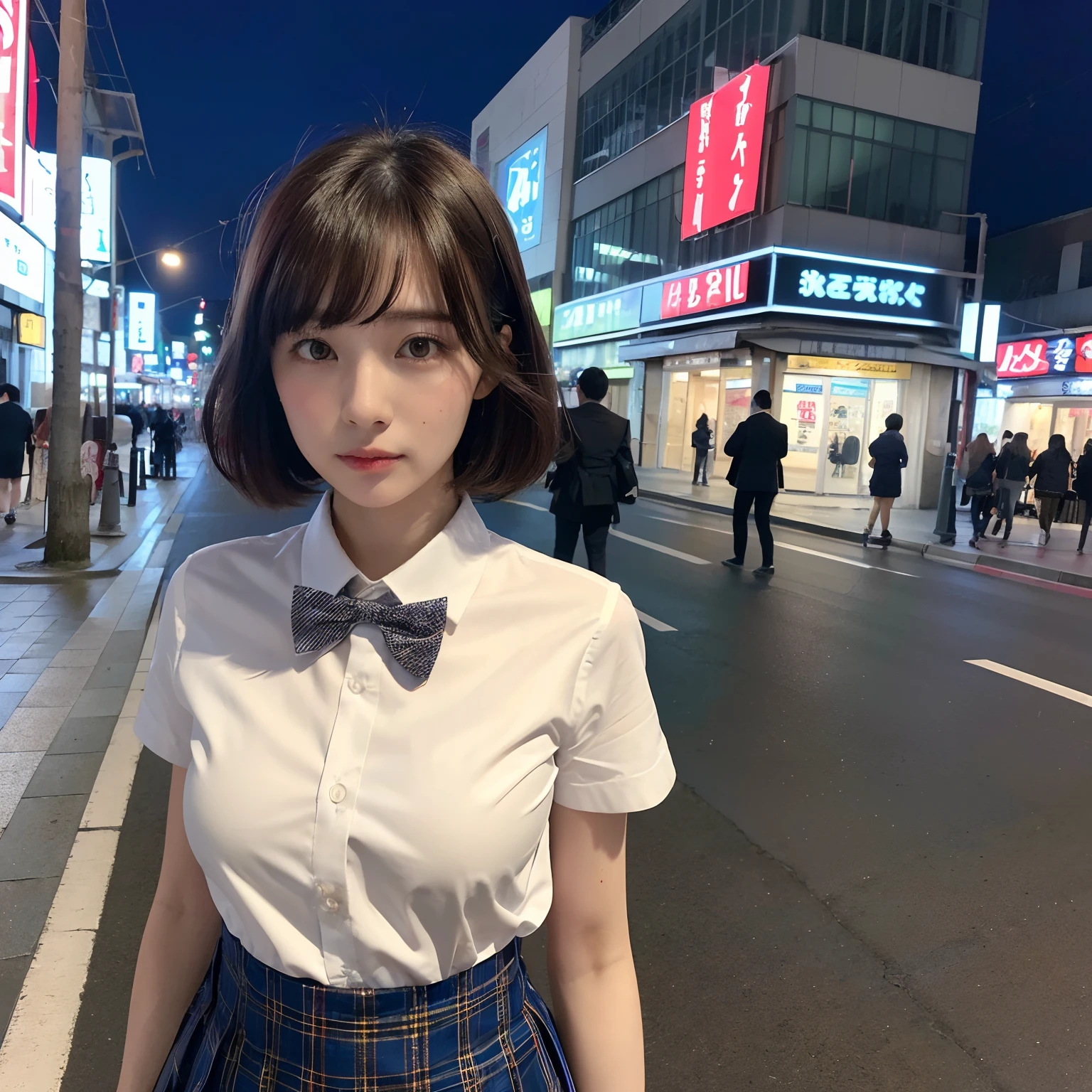 (8k, RAW photo, best quality, masterpiece:1.2), (realistic, photo-realistic:1.37), ultra-detailed, 1 girl,cute, solo,beautiful detailed sky,detailed tokyo street,night, medium breasts,beautiful detailed eyes,(collared shirt:1.1), bowtie,pleated skirt,(short hair:1.2),floating hair,short hai,