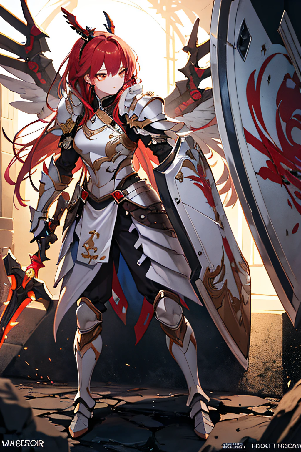 (tmasterpiece,best qualtiy:1.3),extremly high detail,复杂,8K,hdr,the wallpaper,cinmatic lighting,(kosmos),combats,with light glowing,Armour,1girll,beauitful face,Brown eyes,Red long-haired,glowing light eyes,mechs,White armor,Warhammer and giant shield,Full body like,Her armor is、Covered with thick and heavy steel plates、You can feel its weight and dignity.。The design of the armor is、Attention to detail、There are carved patterns and reliefs、It symbolizes her pride and determination as a warrior。 Her expression was、resolute determination.、The eyes radiate a mysterious light, As if gazing into the distance。Her gaze was、It shows its inner strength and determination.、You can feel the fighting spirit hidden in her chest。