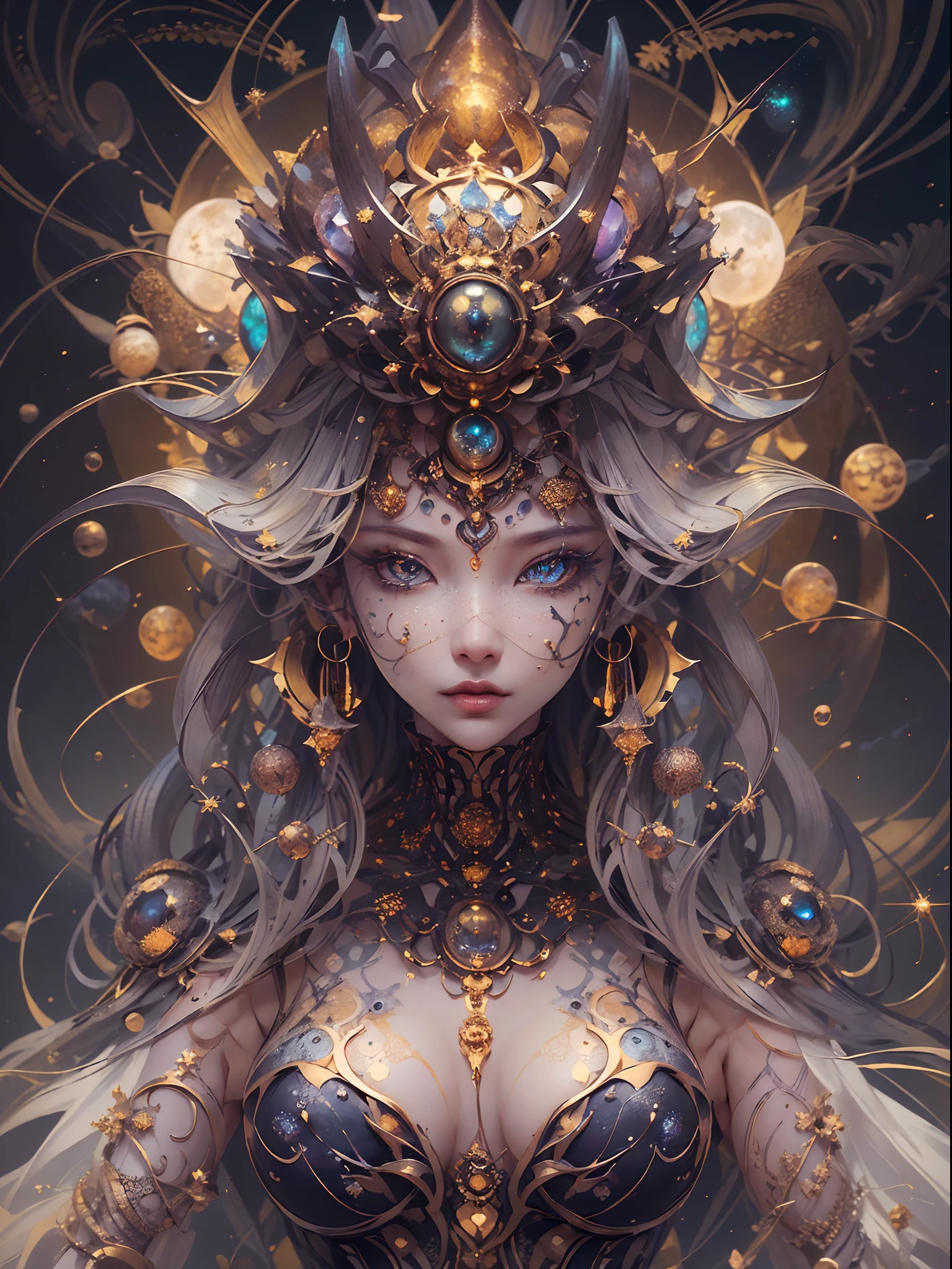 (best qualtiy,ultra - detailed,Most Best Illustration,Best shadow,tmasterpiece,A high resolution,professionalartwork,famousartwork),Eyes focus, Star sparkle particle around, Detailed eyes,beautidful eyes,closeup cleavage,sci-fy,colored sclera,Robot eyes,face markings,Tattooed with,(fractalized,Fractal eyes),largeeyes,Wide eyes,(Eye focus),sface focus,Cosmic eyes,Space eyes,Close-up of metal sculpture of a woman with a moon in her hair,goddes。extremly high detail,3 d goddess portrait,Extremely detailed footage of the goddess,a stunning portrait of a goddess,Side image of the goddess,portrait of a beautiful goddess,Full body close-up portrait of the goddess,hecate goddess,portrait of a norse moon goddess,goddess of space and time, sea art 2.1, goddess sea art 2.1, texture masterpiece, super detail, most perfect lighting, Asian Skin Tone