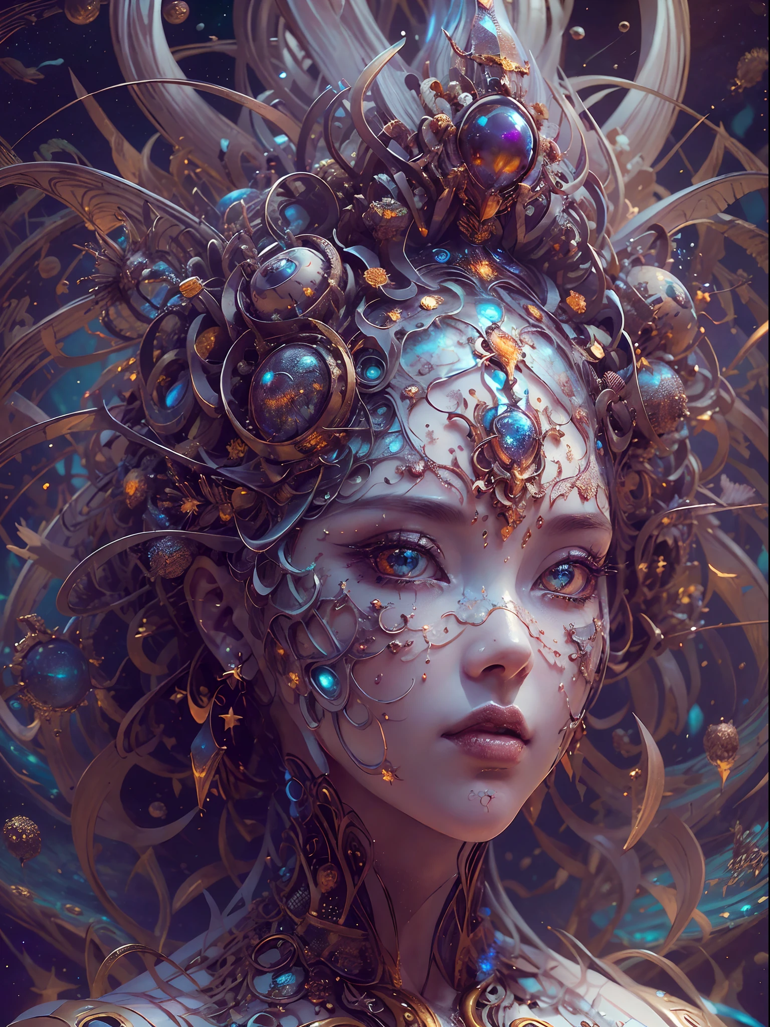 (best qualtiy,ultra - detailed,Most Best Illustration,Best shadow,tmasterpiece,A high resolution,professionalartwork,famousartwork),Eyes focus, Star sparkle particle around, Detailed eyes,beautidful eyes,closeup cleavage,sci-fy,colored sclera,Robot eyes,face markings,Tattooed with,(fractalized,Fractal eyes),largeeyes,Wide eyes,(Eye focus),sface focus,Cosmic eyes,Space eyes,Close-up of metal sculpture of a woman with a moon in her hair,goddes。extremly high detail,3 d goddess portrait,Extremely detailed footage of the goddess,a stunning portrait of a goddess,Side image of the goddess,portrait of a beautiful goddess,Full body close-up portrait of the goddess,hecate goddess,portrait of a norse moon goddess,goddess of space and time, sea art 2.1, goddess sea art 2.1, texture masterpiece, super detail, most perfect lighting, Asian Skin Tone