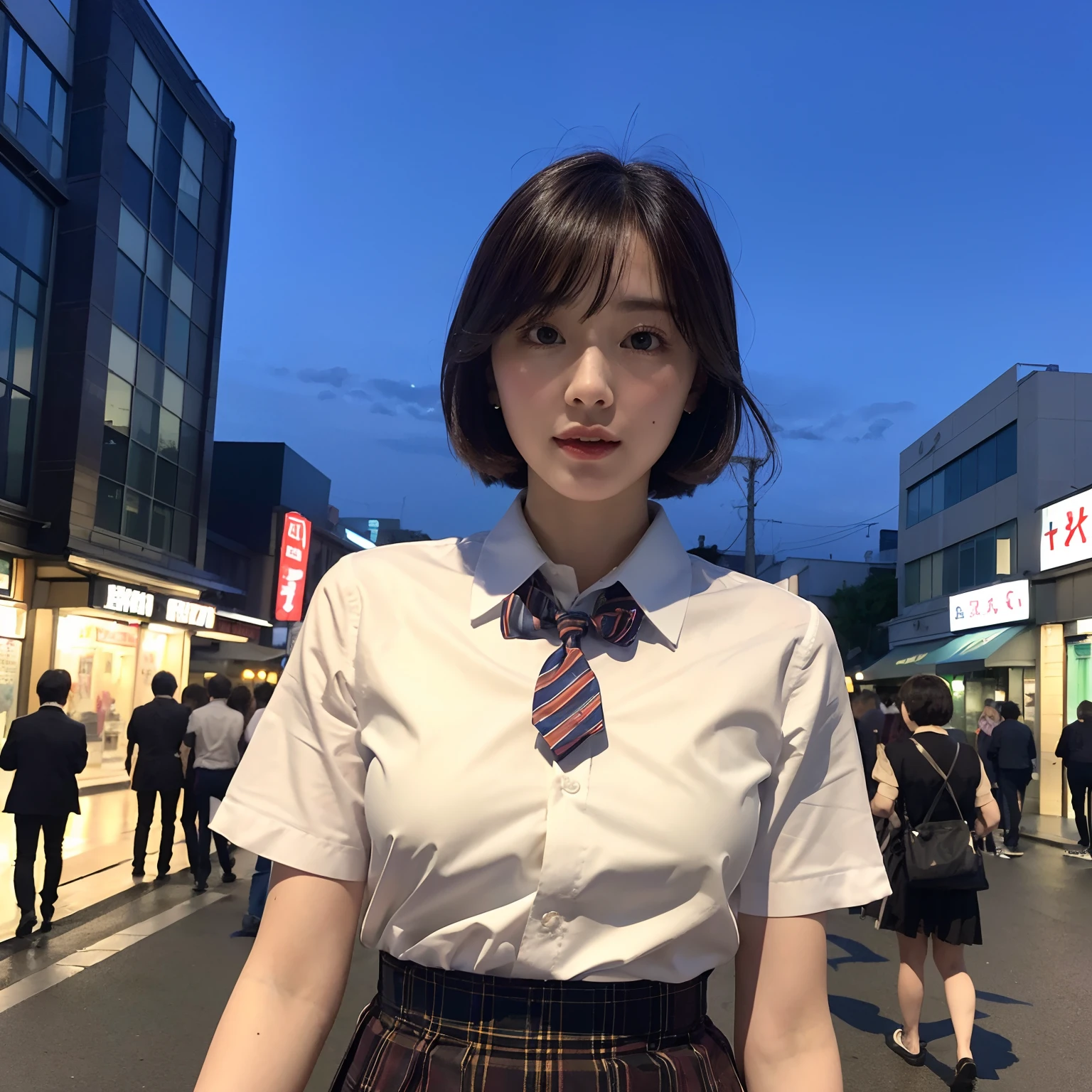 (8k, RAW photo, best quality, masterpiece:1.2), (realistic, photo-realistic:1.37), ultra-detailed, 1 girl,cute, solo,beautiful detailed sky,detailed tokyo street,night, medium breasts,beautiful detailed eyes,(collared shirt:1.1), bowtie,pleated skirt,(short hair:1.2),floating hair,short hai,