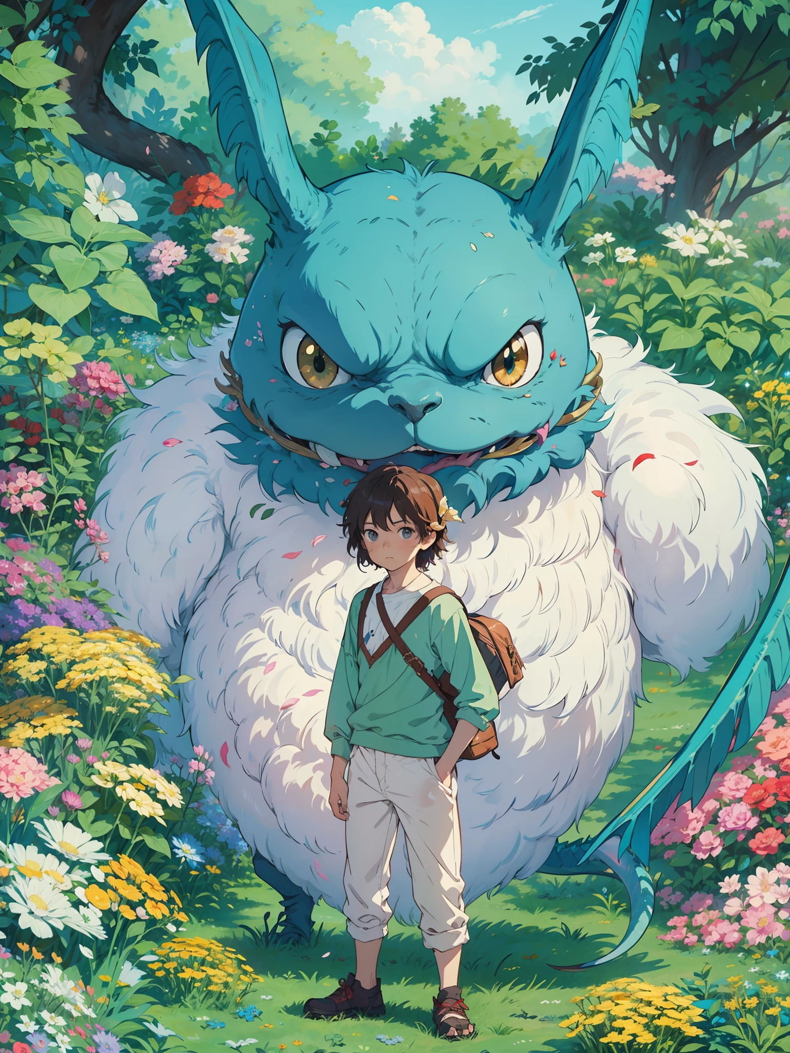 hombre enfadado contra criatura peluda, sobre prado verde lleno de flores azules, el cielo muy nublado, Real anime costume design, Viaje de Chihiro, Totoro. detallado, colorido, dragon blanco volando fuego.