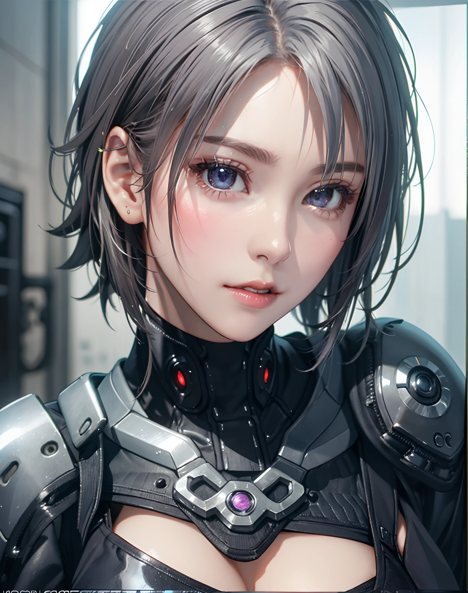 (8K, Photorealistic, Raw photo, of the highest quality: 1.3), (1girl in), Super beautiful, (Realistic face), (boyish, Silver Color Berry Shorthair), Beautiful cyberpunk suit, Glare that captivates the viewer, Beautiful expression, Beautiful breasts, (Realistic skin), Beautiful...