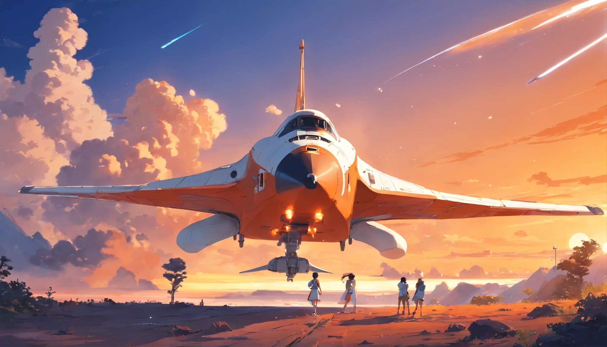 a smoking orange white space shuttle landing on a planet at sunset near a tavern