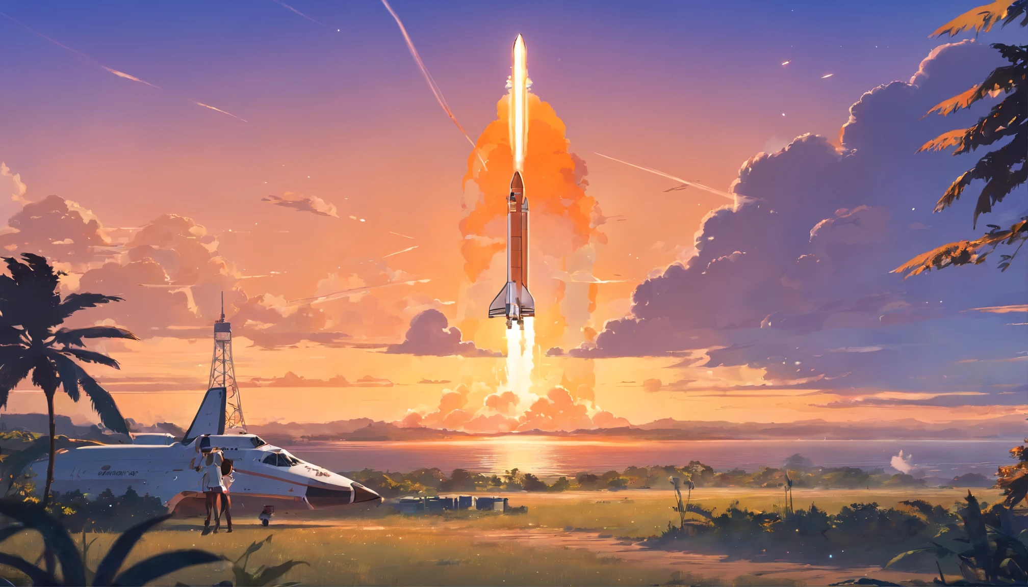 a smoking orange white space shuttle landing on a planet at sunset near a tavern