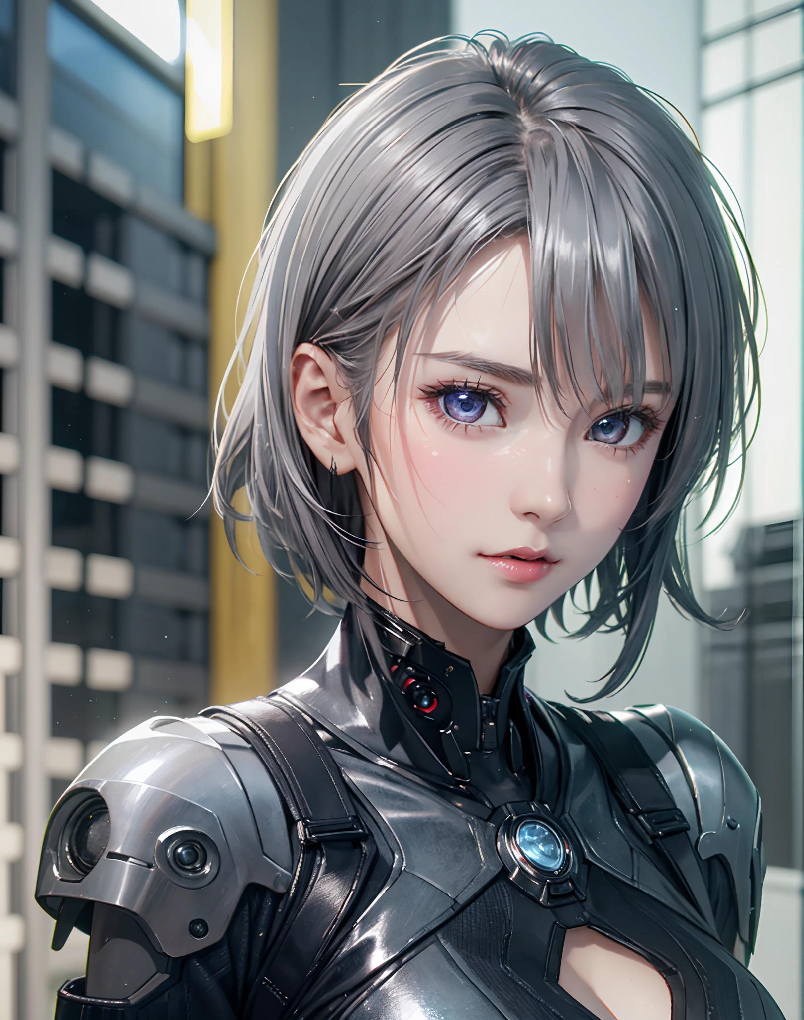 (8K, Photorealistic, Raw photo, of the highest quality: 1.3), (1girl in), Super beautiful, (Realistic face), (boyish, Silver Color Berry Shorthair), Beautiful cyberpunk suit, Glare that captivates the viewer, Beautiful expression, Beautiful breasts, (Realistic skin), Beautiful...