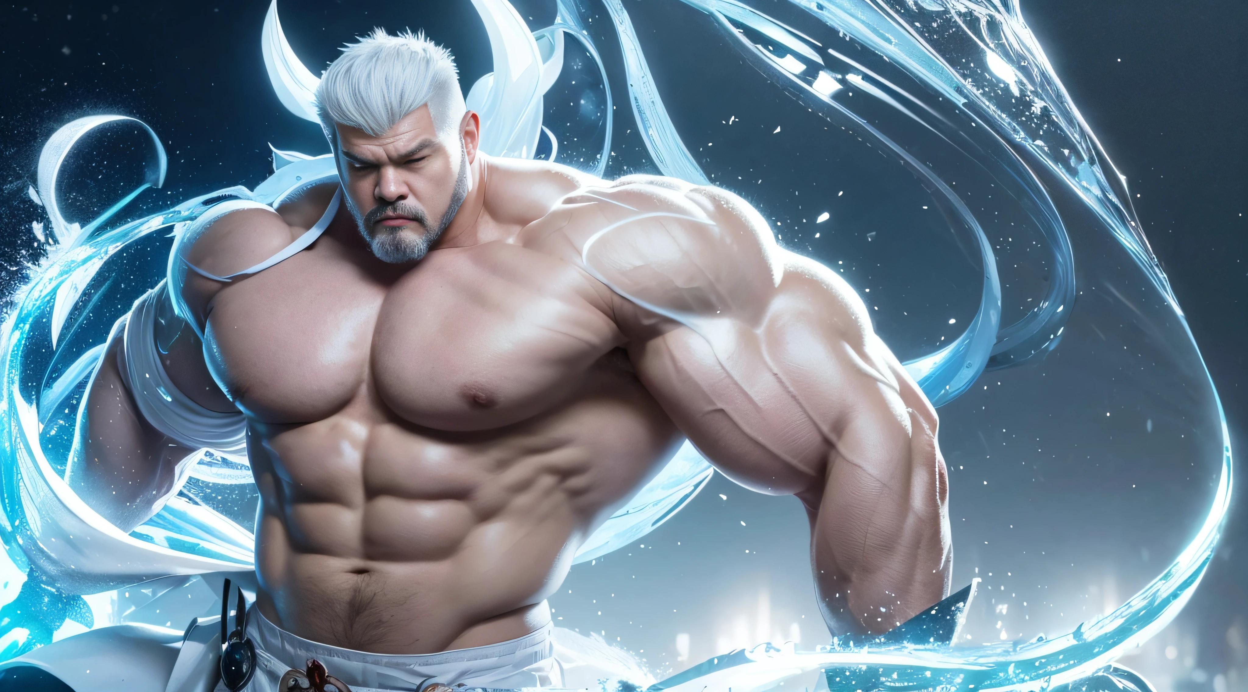 Elegant Chinese strong man, Strong physique, White robe, White Arabic pants, Light blue noble shirt, White boots, Messy light blue hair, A satisfied expression, Short hair, dark strong blue eye, Noble appearance, Armed with a silver spear, Ancient castle, medieval environment.short detailed hair,Short beard perfect figure with tattoos, Very huge and strong body, Bulging muscles, musculous, Very large pectoral muscles,Very sexy abs,The legs are muscular,Tall and mighty,Exposed Body,Tall and burly,toned figure,Huge genital bulging area,Brightens oily skin,Muscular。