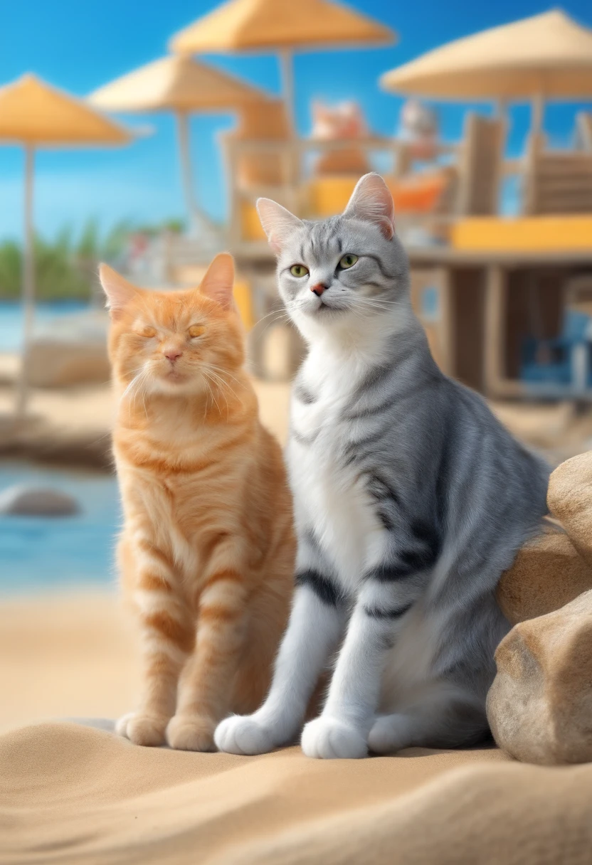 A cheese cat,A blue double puppet cat,A sea double puppet cat,Two silver tabby Maine,Five cats at the beach,sunbathe