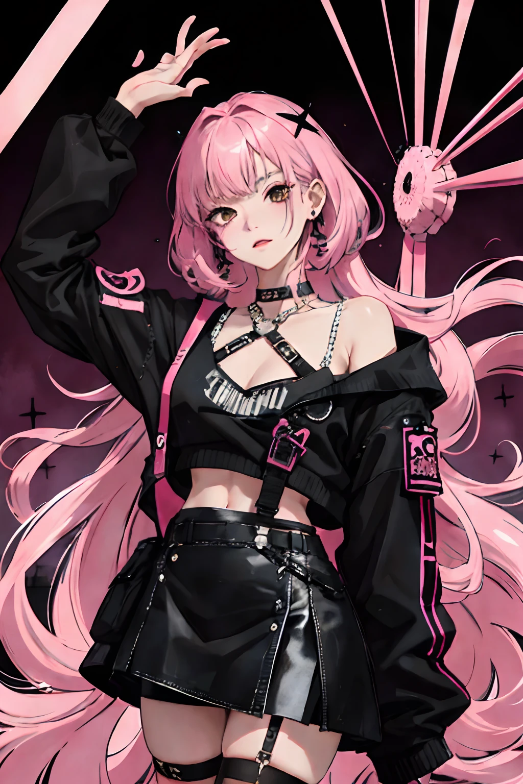 Mara has light pink skin, long crimped neon pink hair worn with no bangs, grayish purple eyes, neon pink eyebrows, neon pink eyeshadow, and coral colored lipstick. Her first outfit is a black sleeveless dress with a neon pink, black, and white cartoon character on it with silver studs and safety pins. She also has a neon pink jean jacket and matching tall boots that say "Shadow" scattered on them. She wears a black and silver sequined hat with cat ears and the word "Shadow" in silver.