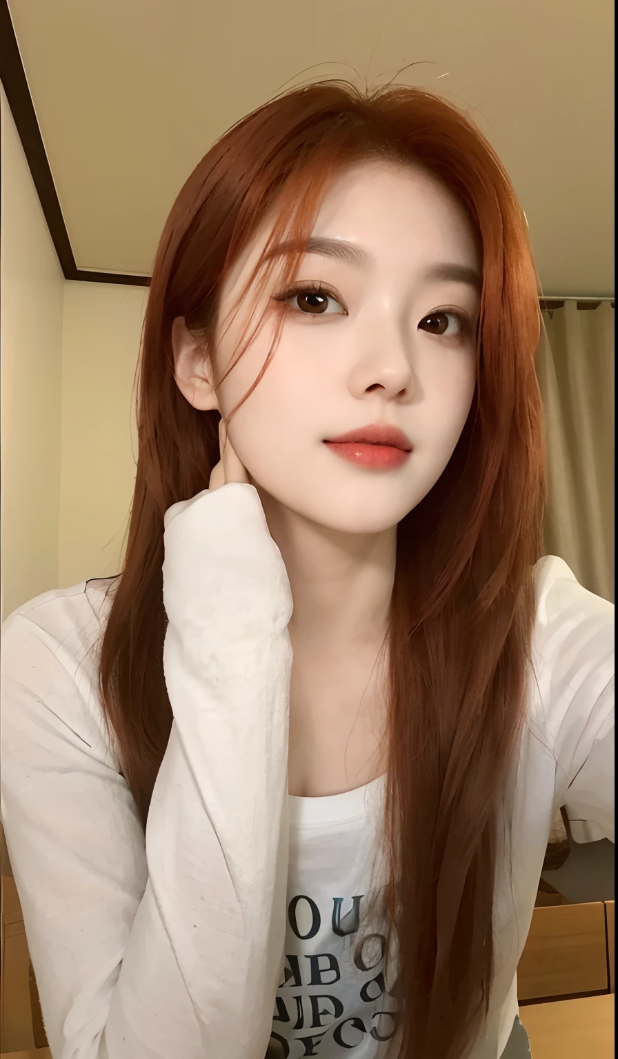 Arafed Asian woman with long red hair and a white shirt, beautiful south Mujer coreana, gorgeous young Mujer coreana, Chica coreana, beautiful young Mujer coreana, Joven y adorable rostro coreano, Wan adorable cara coreana, Mujer coreana, Sun Yunjoo, Heonhwa Choe, Korean symmetrical face, maquillaje popular de Corea del Sur, maquillaje coreano popular, beautiful asian girl