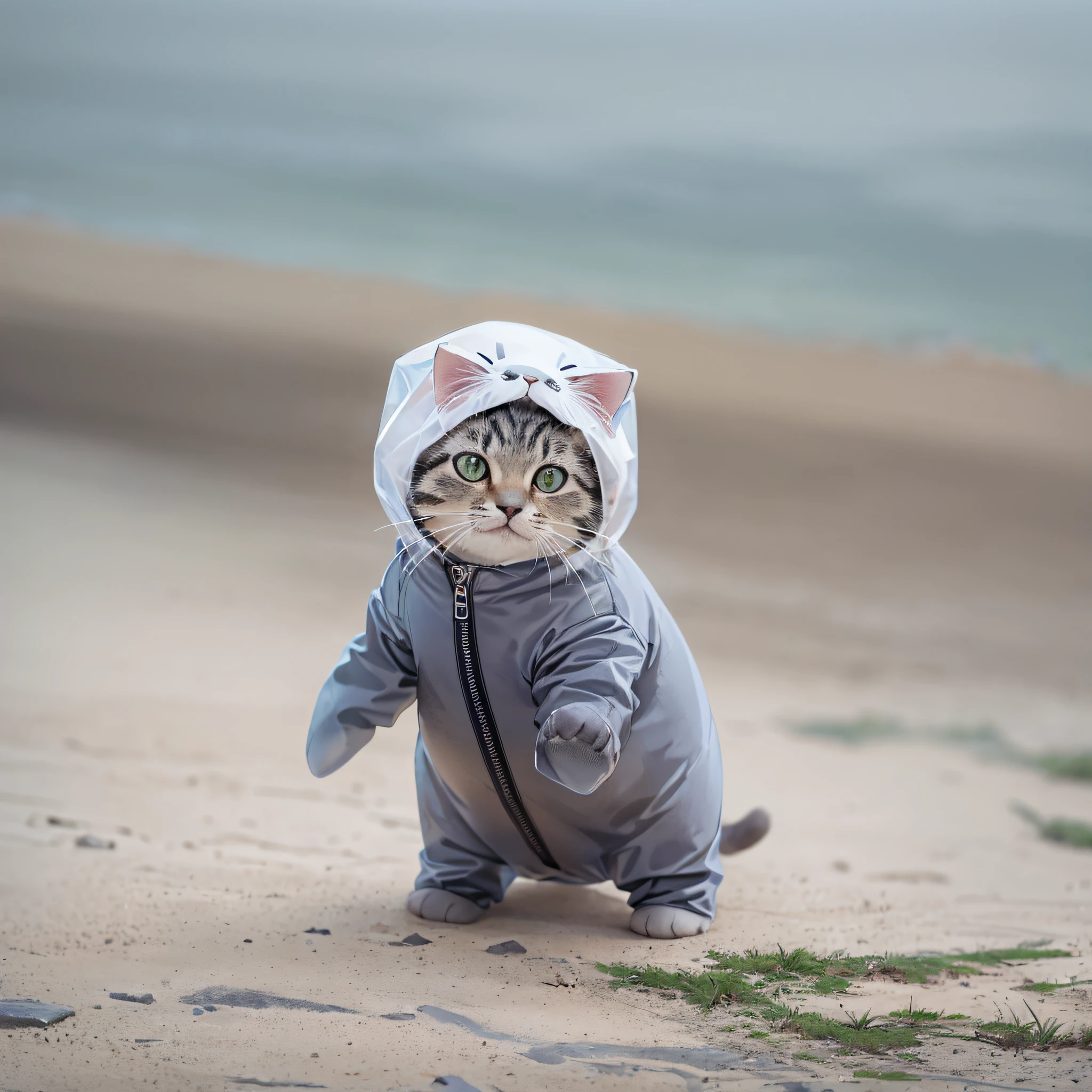Cute cat, standing, cute, wearing a seal costume, from side