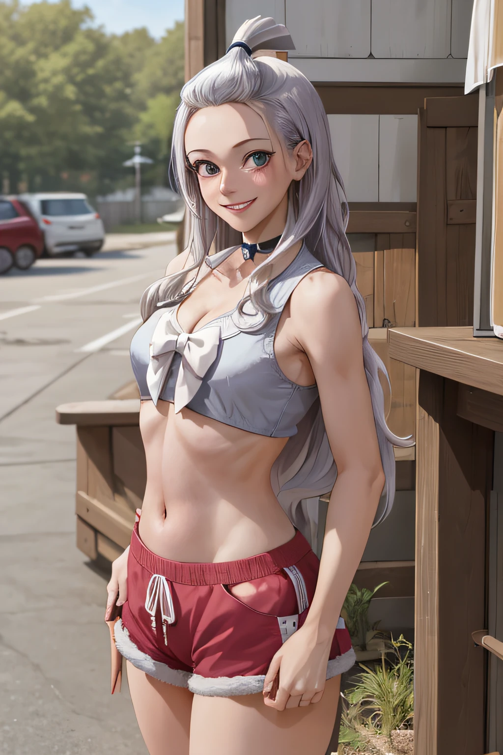 masterpiece, best quality, highres, Amira, long hair, bangs pinned back, topknot, forehead, choker, bare shoulder, cleavage, mini shorts , tiny bra,large breasts, bow, sleeveless, cowboy shot, standing, outdoors, bar, smile, shy, blushing smile,showing ass,girl