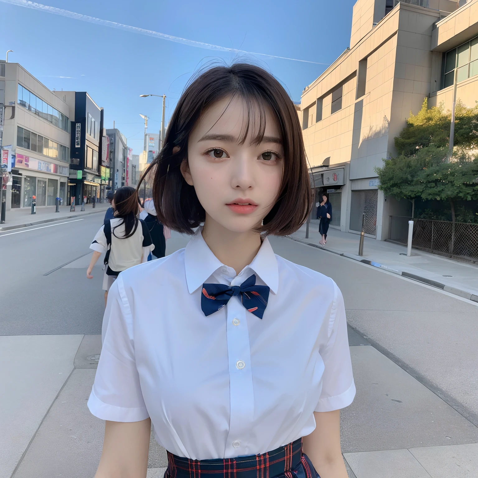 Cute schoolgirl, short cut, face up shot, small ribbon in summer uniform, puberty, dusk, frontal, portrait, school, looking at camera