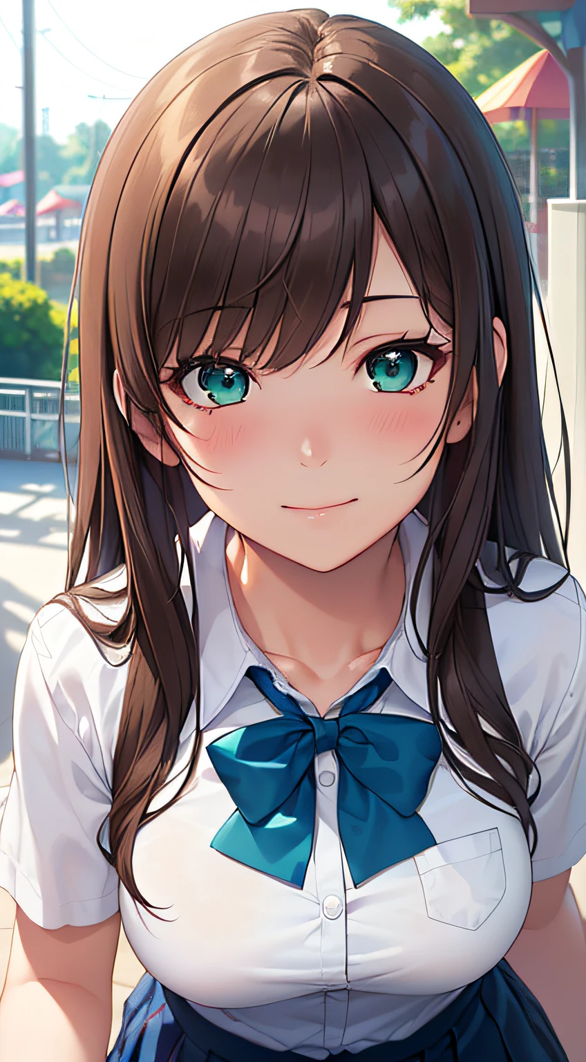 ((masterpiece, best quality, highres, UHD, perfect pixel, depth of field, 4k, RTX, HDR))), 1girl, single, solo, beautiful anime girl, beautiful artstyle, anime character, ((long hair, bangs, brown hair)), ((green eyes:1.4, rounded eyes, beautiful eyelashes, realistic eyes)), ((detailed face, blushing:1.2)), ((smooth texture:0.75, realistic texture:0.65, photorealistic:1.1, anime CG style)), medium breasts, dynamic angle, perfect body, ((portrait, pov)), ((blue bowtie, summer school uniform, white shirt, black skirt,)), smile, ((hand touches cheek)), amusement park
