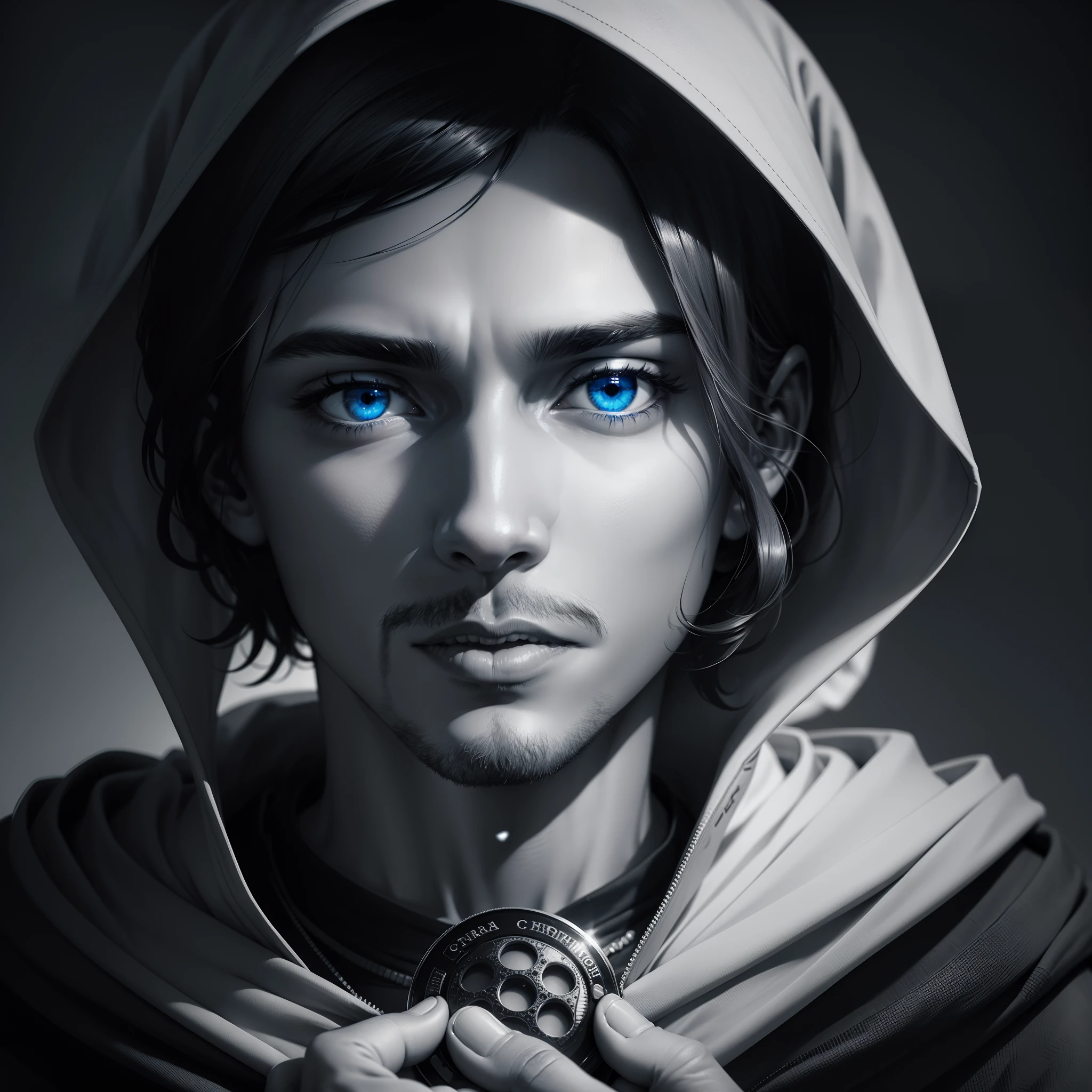 A man holding cardano, blue eyes, cinematic, monochrome, hoodie