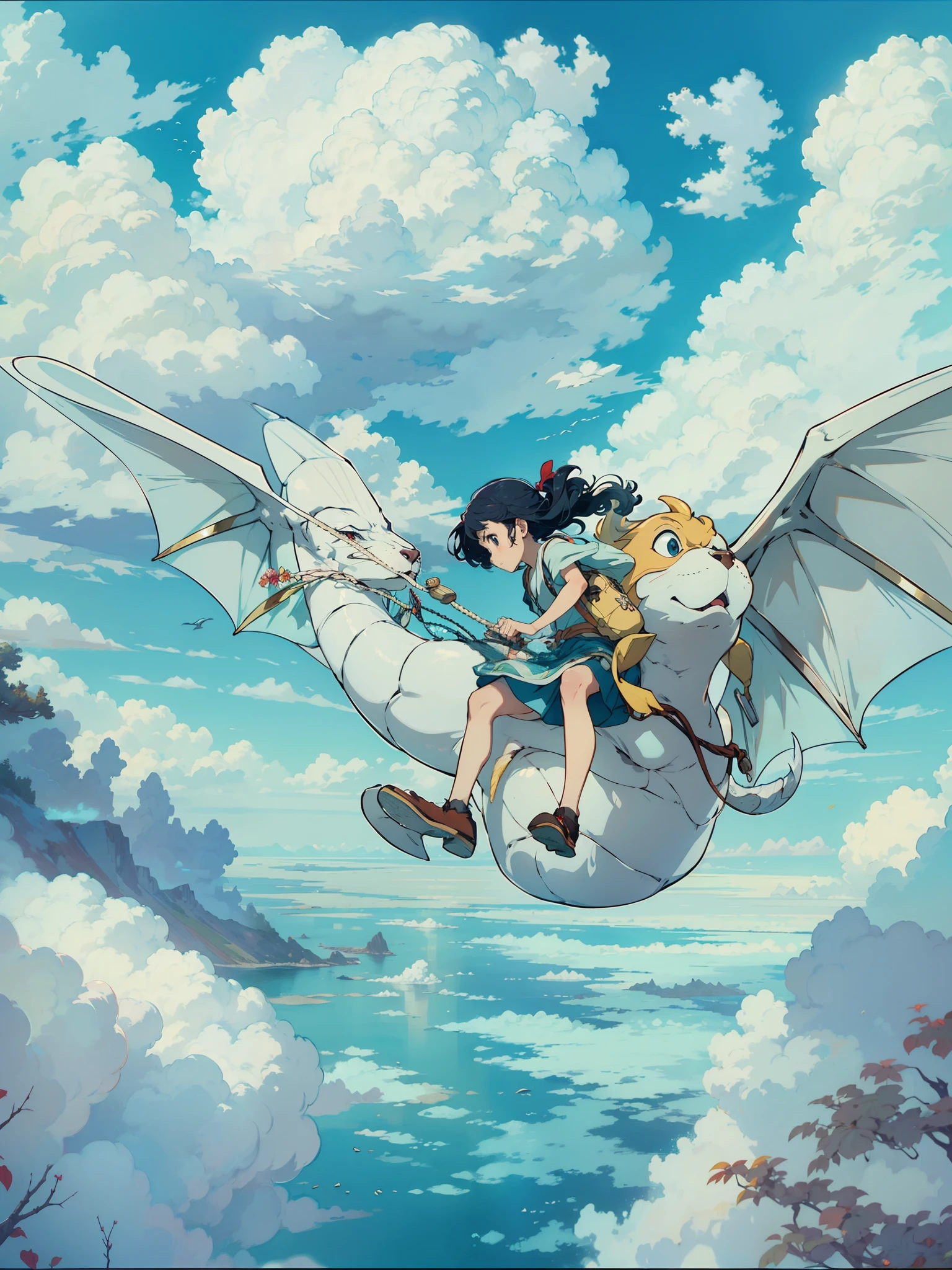 hombre y mujer montados en un dragon blanco volando, surcando el cielo azul lleno de nubes, entorno precioso, recargado de detalles, Real anime costume design, Viaje de Chihiro, Totoro. detallado, colorido, cielo azul.