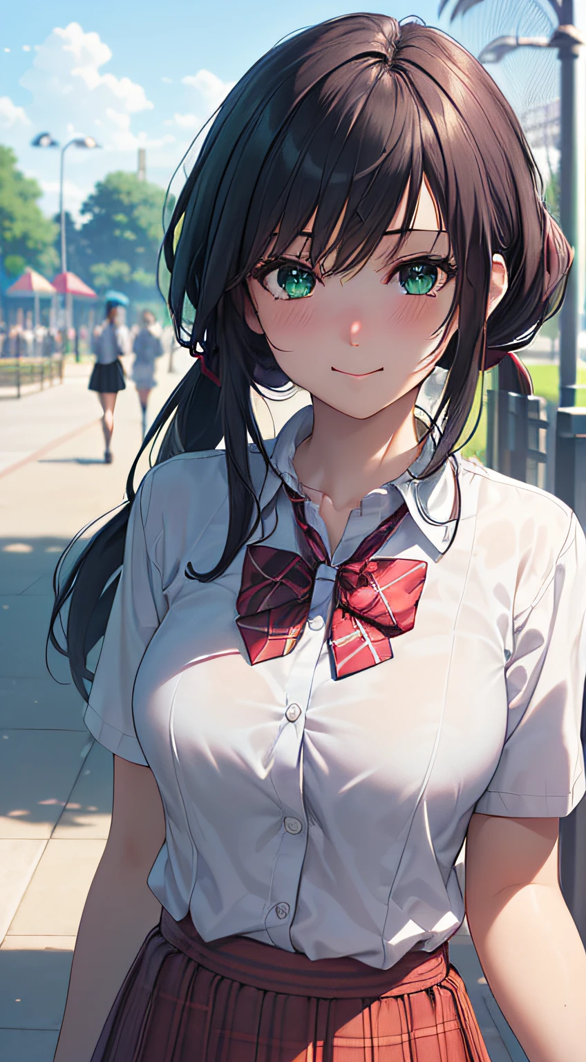 ((masterpiece, best quality, highres, UHD, perfect pixel, depth of field, 4k, RTX, HDR))), 1girl, single, solo, beautiful anime girl, beautiful artstyle, anime character, ((long hair, poneyTail, black hair)), ((green eyes:1.4, rounded eyes, beautiful eyelashes, realistic eyes)), ((detailed face, blushing:1.2)), ((smooth texture:0.75, realistic texture:0.65, photorealistic:1.1, anime CG style)), medium breasts, dynamic angle, perfect body, ((portrait, pov)), ((red bowtie, summer school uniform,white shirt, black skirt, plaid skirt)), smile, ((hand touches cheek)), amusement park,poneyTail