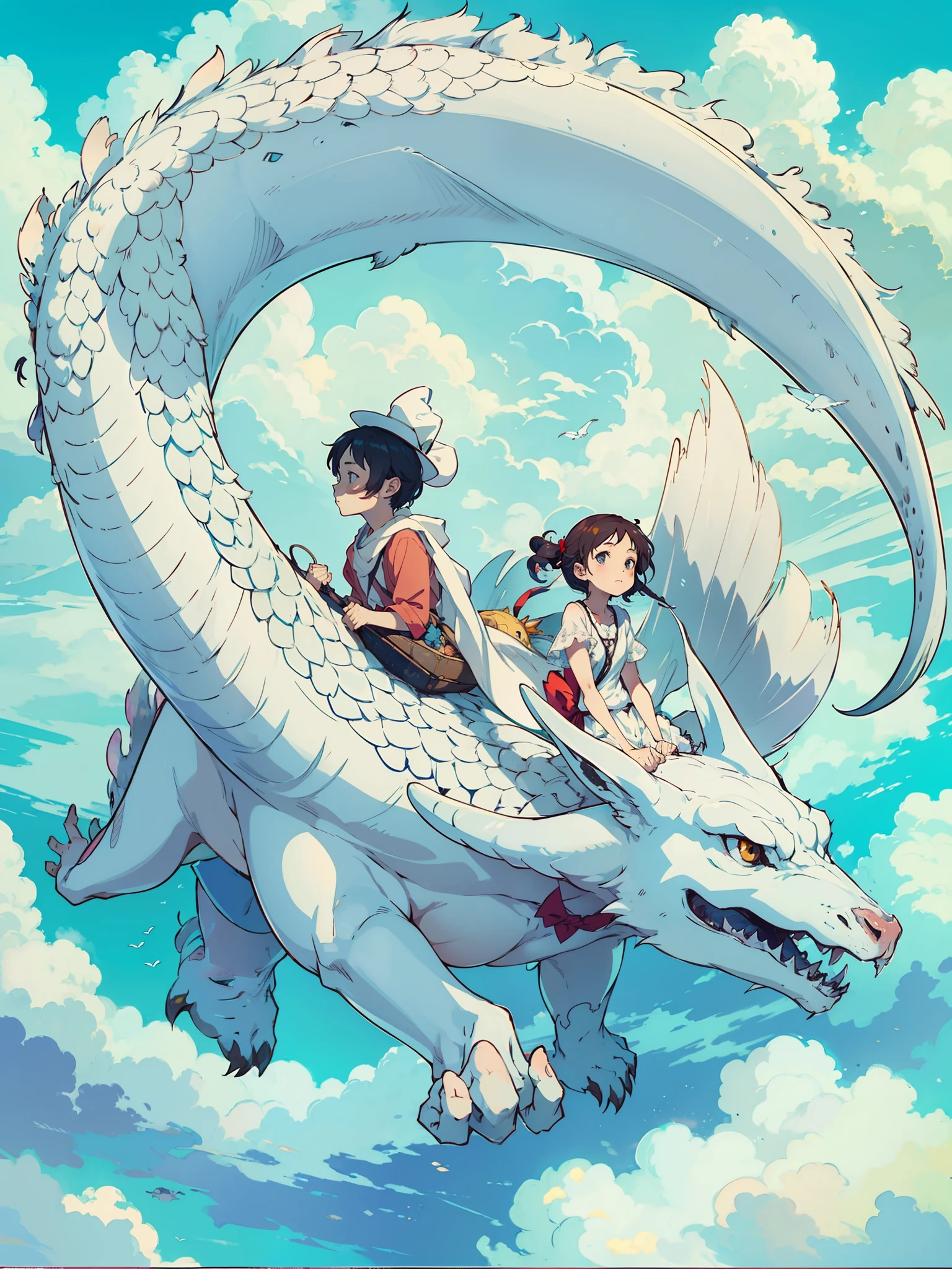 hombre y mujer montados en un dragon blanco volando, surcando el cielo azul lleno de nubes, entorno precioso, recargado de detalles, Real anime costume design, Viaje de Chihiro, Totoro. detallado, colorido, cielo azul.