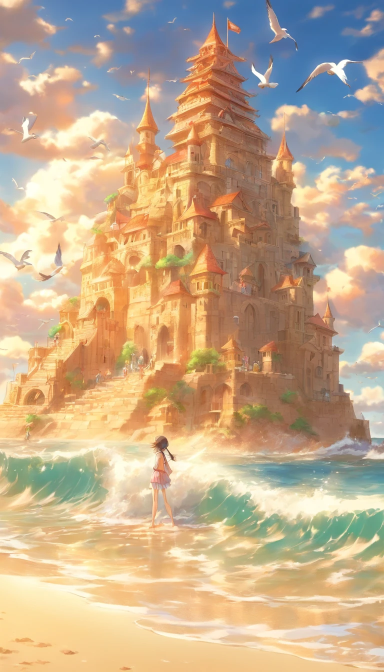 Along a pristine sandy beach, gentle waves kiss the shore, while seagulls soar overhead, and a sandcastle sculptor creates intricate masterpieces that seem to defy gravity.