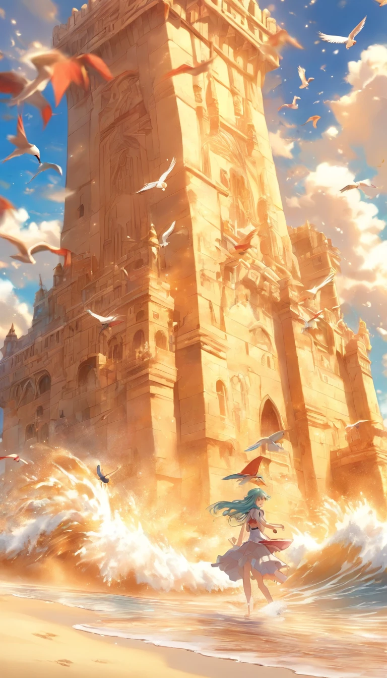 Along a pristine sandy beach, gentle waves kiss the shore, while seagulls soar overhead, and a sandcastle sculptor creates intricate masterpieces that seem to defy gravity.