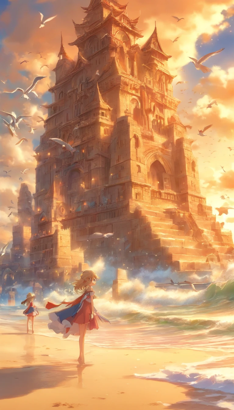 Along a pristine sandy beach, gentle waves kiss the shore, while seagulls soar overhead, and a sandcastle sculptor creates intricate masterpieces that seem to defy gravity.