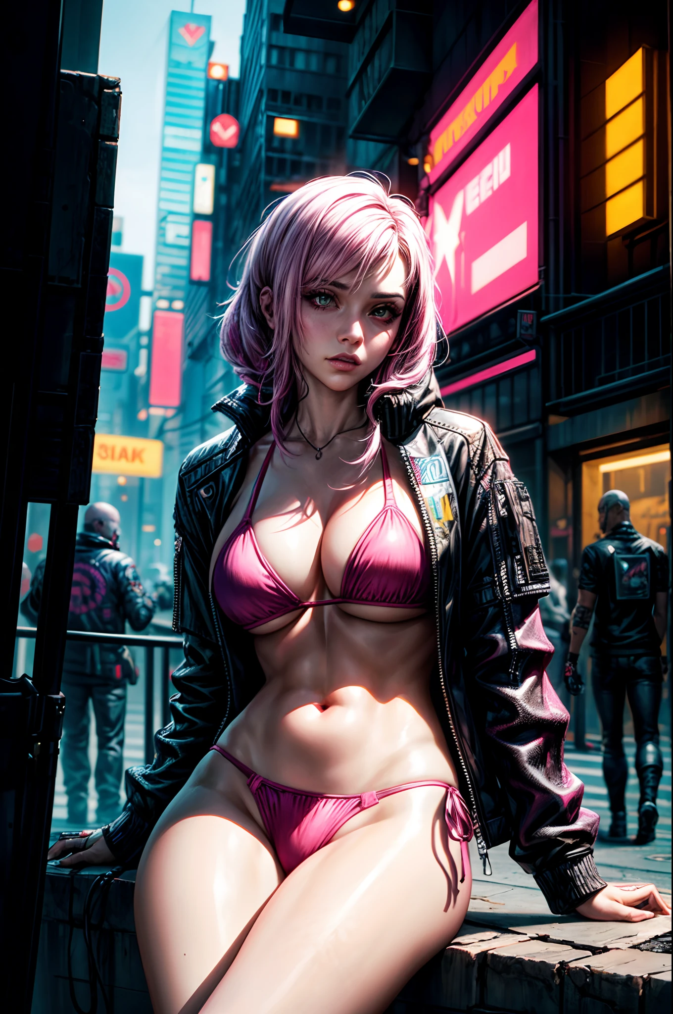 a woman in a pink bikini and black jacket sitting on the street, cyberpunk art style, cyberpunk 2 0 y. o model girl, hyper-realistic cyberpunk style, cyberpunk vibes, cyberpunk style , hyperrealistic, cyberpunk beautiful girl, cyberpunk art ultrarealistic 8k, cyberpunk girl, cyberpunk art, female cyberpunk anime girl, in cyberpunk style, cyberpunk judy alvarez