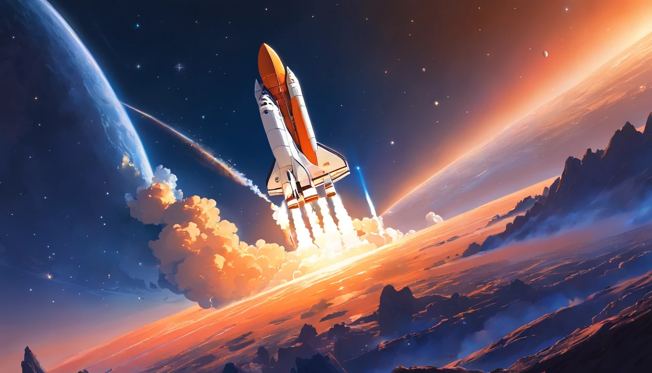 a smoking orange, white space shuttle flying in the deep dark space on an alien planet at sunset, golden hour, mul;tiple moons, shooting stars