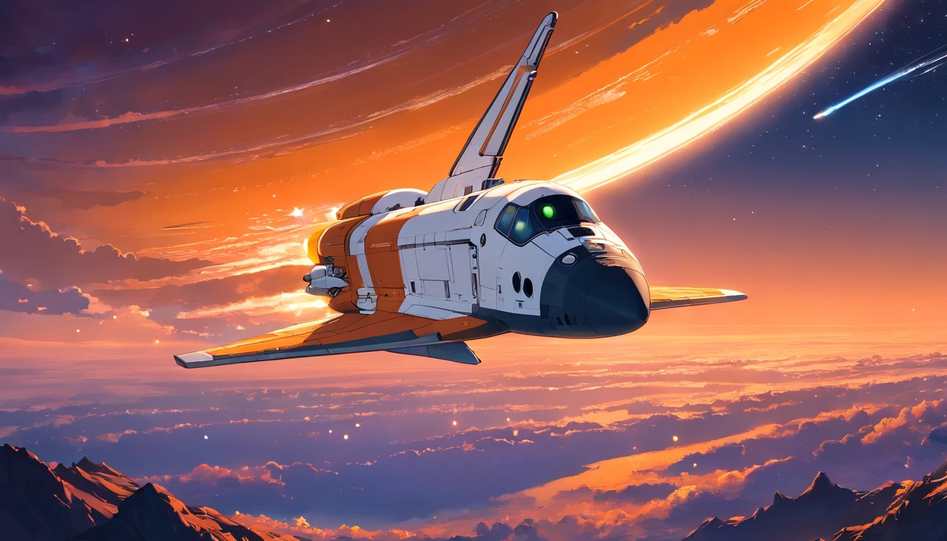 a smoking orange, white space shuttle flying in the deep dark space on an alien planet at sunset, golden hour, mul;tiple moons, shooting stars