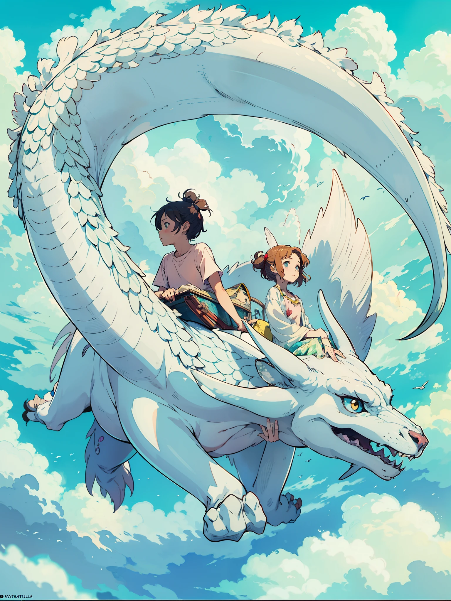 hombre y mujer montados en un dragon blanco volando, surcando el cielo azul lleno de nubes, entorno precioso, recargado de detalles, Real anime costume design, Viaje de Chihiro, Totoro. detallado, colorido, cielo azul.