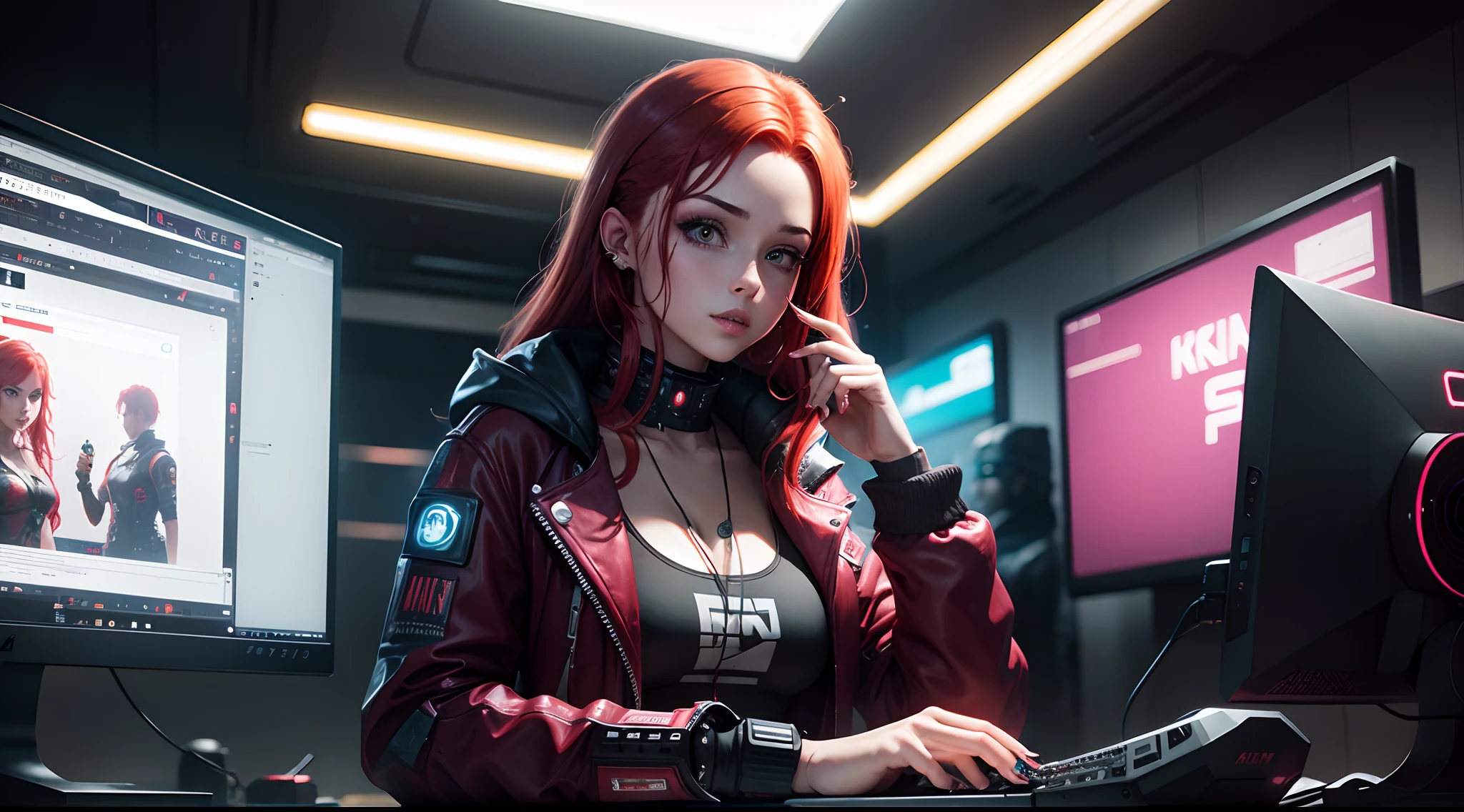 Girl with red hair in a cyberpunk computer club