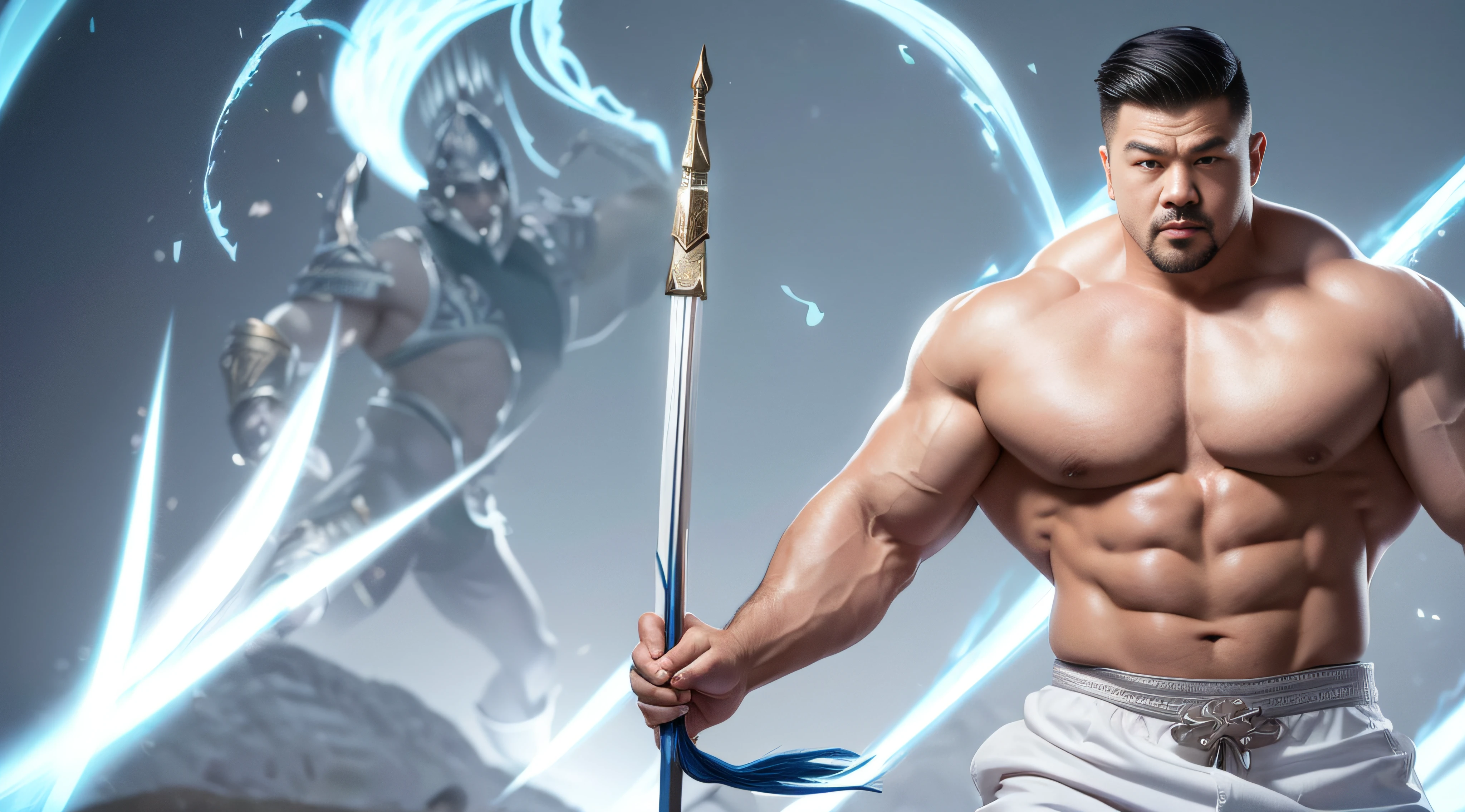 Elegant Chinese strong man, Strong physique, White robe, White Arabic pants, Light blue noble shirt, White boots, Messy light blue hair, A satisfied expression, Short hair, dark strong blue eye, Noble appearance, Armed with a silver spear, Ancient castle, medieval environment.short detailed hair，Short beard perfect figure with tattoos, Very huge and strong body, Bulging muscles, musculous, Very large pectoral muscles，Very sexy abs，The legs are muscular，Tall and mighty，Exposed Body，Tall and burly，toned figure，Huge genital bulging area，Brightens oily skin，Muscular。