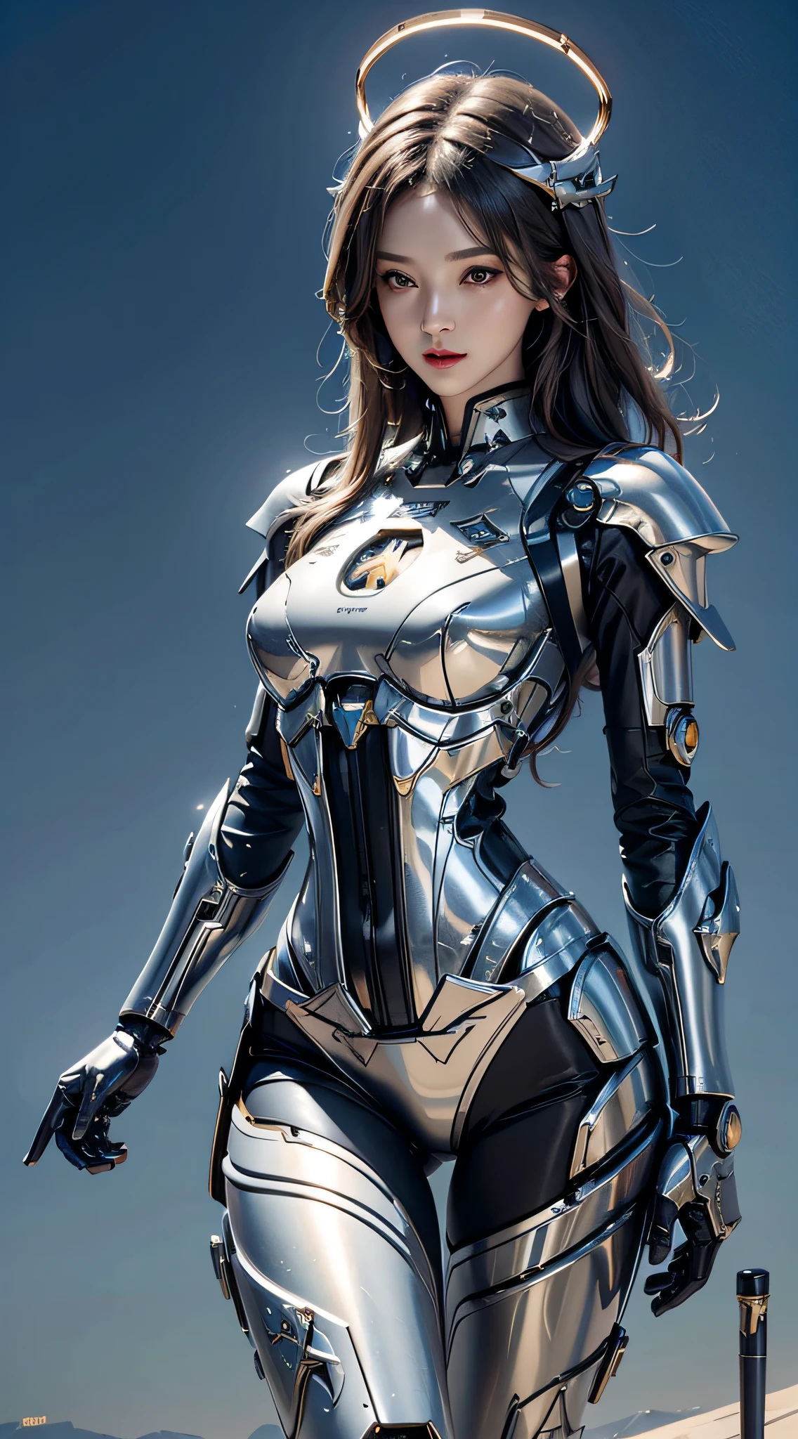 photorealistic, high resolution, 1women, mature female, solo, hips up, robot, mecha musume,mechanical parts, robot joints,single mechanical arm, headgear, mechanical halo,star halo,intricate mechanical bodysuit, mecha corset, full armor, white mecha body